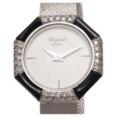 Vintage 18 Kt White Gold Chopard Onyx & Diamonds Lady Wrist Dress Watch