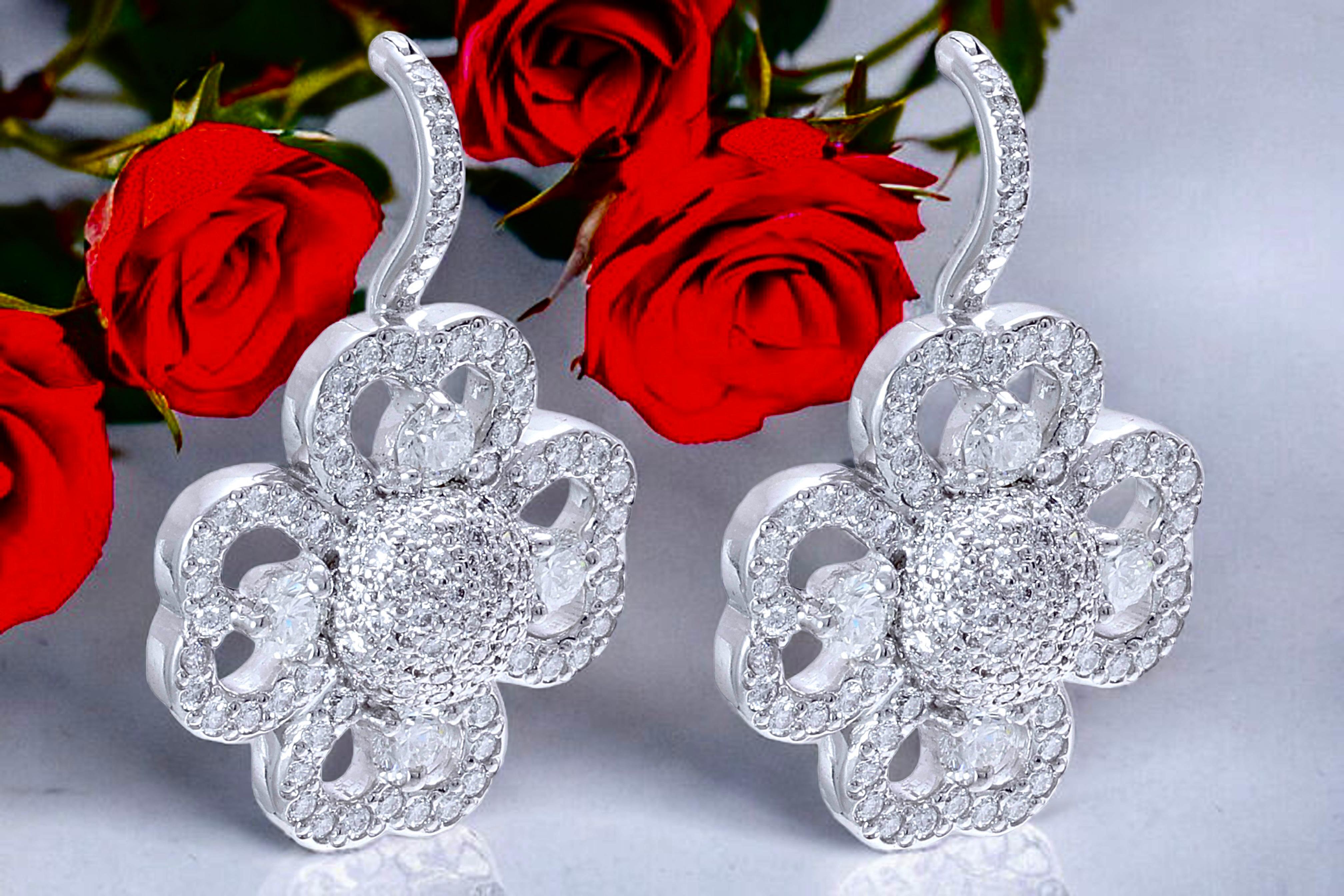 18 kt. White Gold Clover Earrings with 1.75 ct. Diamonds  For Sale 3