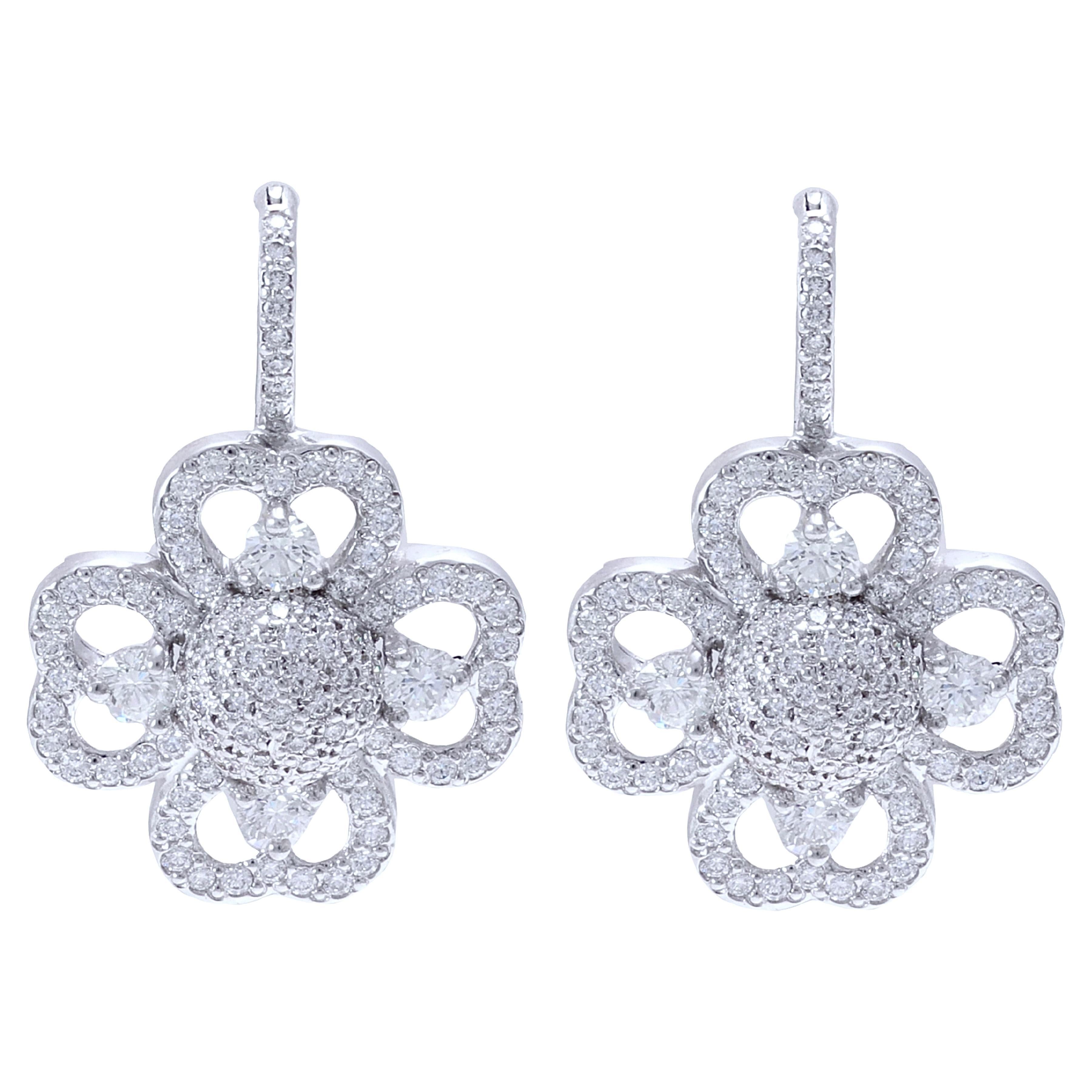 18 kt. White Gold Clover Earrings with 1.75 ct. Diamonds  For Sale