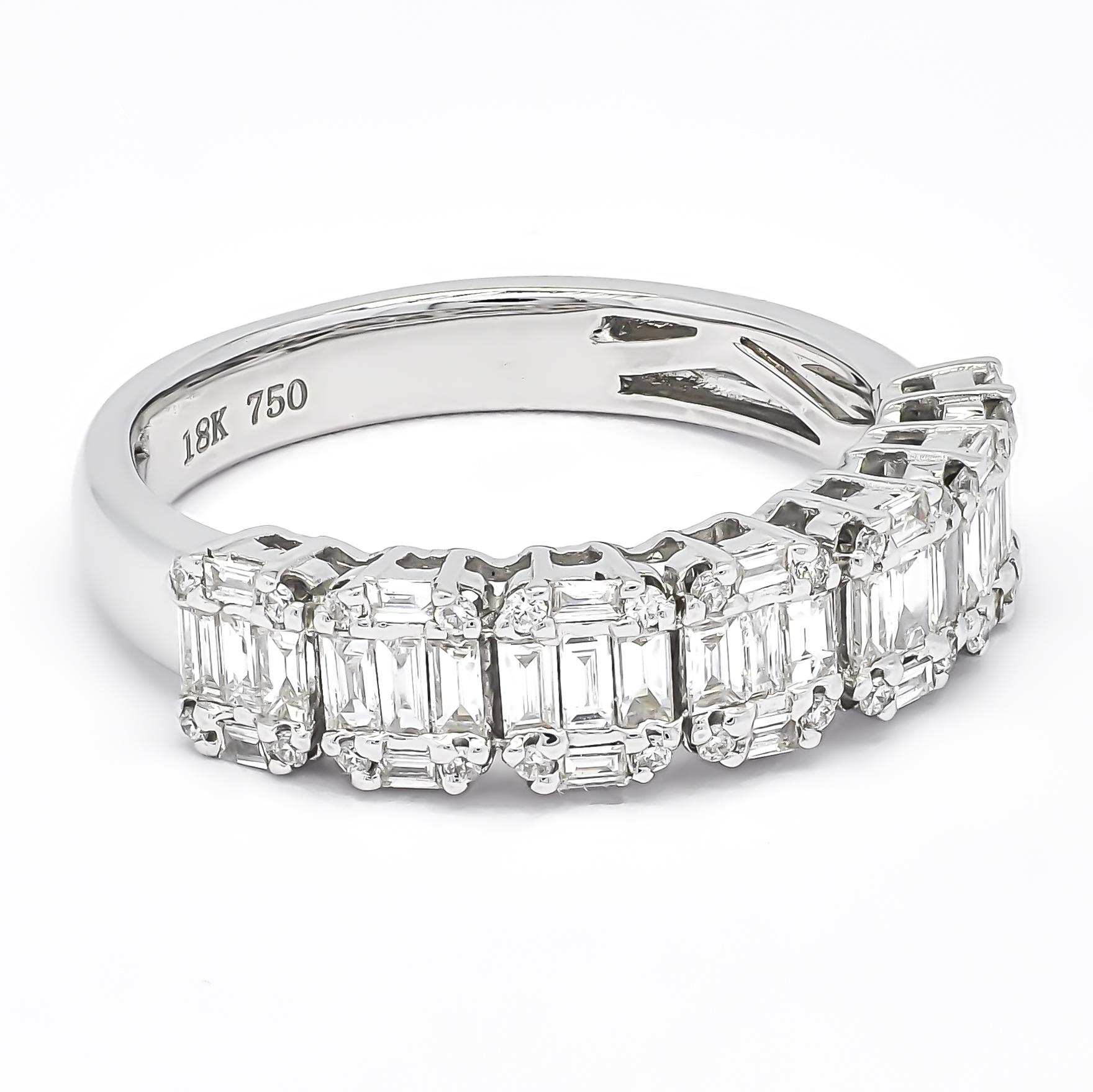 Fancy cut Round and Baguette diamonds form seven square Cushion Cluster set diamond gives this wedding band in a polished look. 


Metal: 18kt White Gold
Gemstone: Natural Diamonds
Shape: Round / Baguette Brilliant
Total Carat Weight: