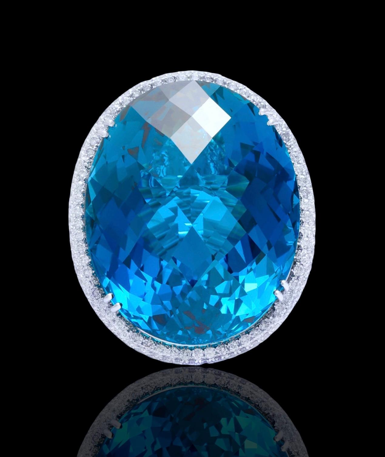 18 kt. White Gold Cocktail Ring with 154 ct. London Blue Topaz & 8.72 Diamonds For Sale 3