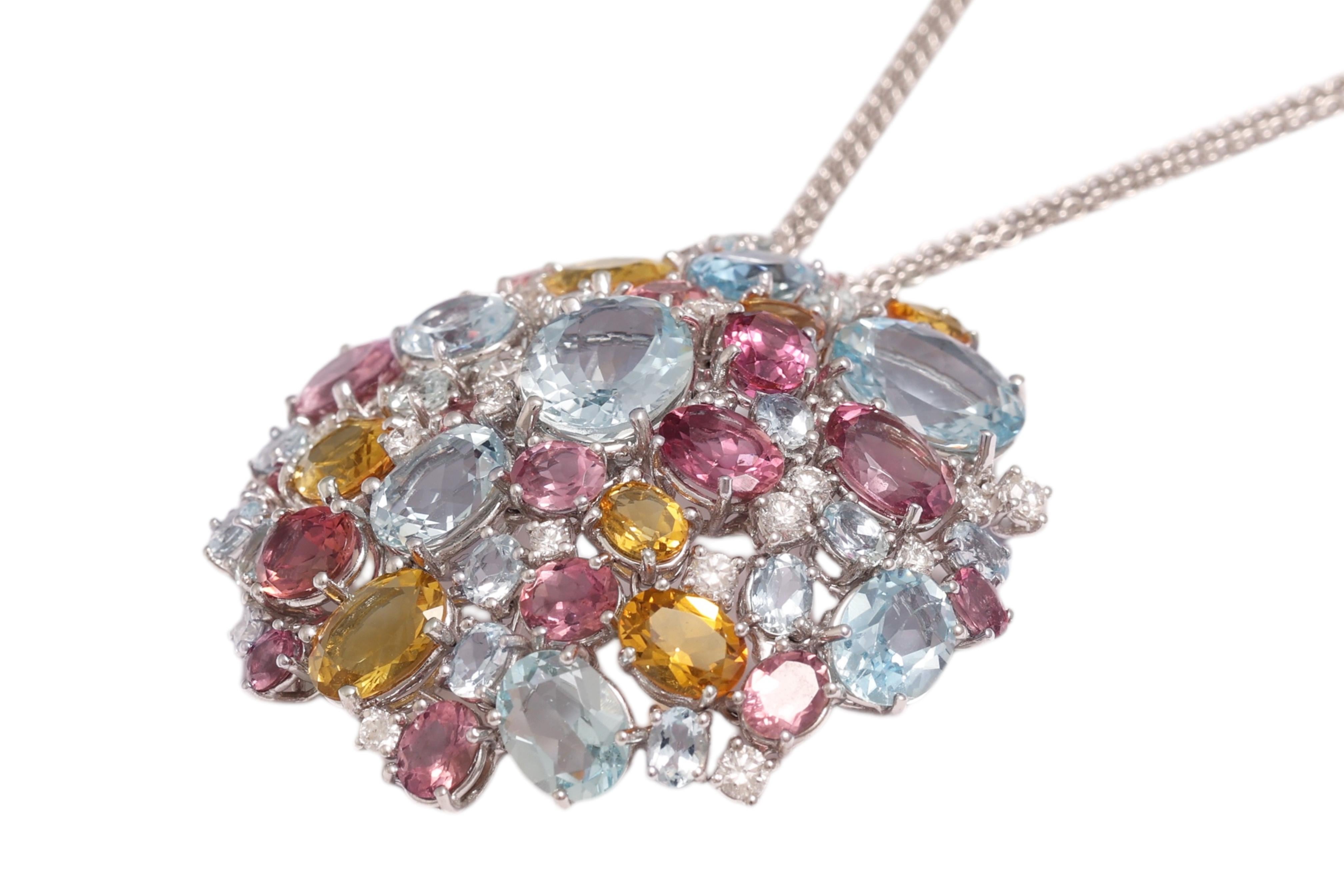 Moderno Crivelli, diamanti e pietre colorate in oro bianco 18 Kt Appendino / Collana / Ciondolo in vendita