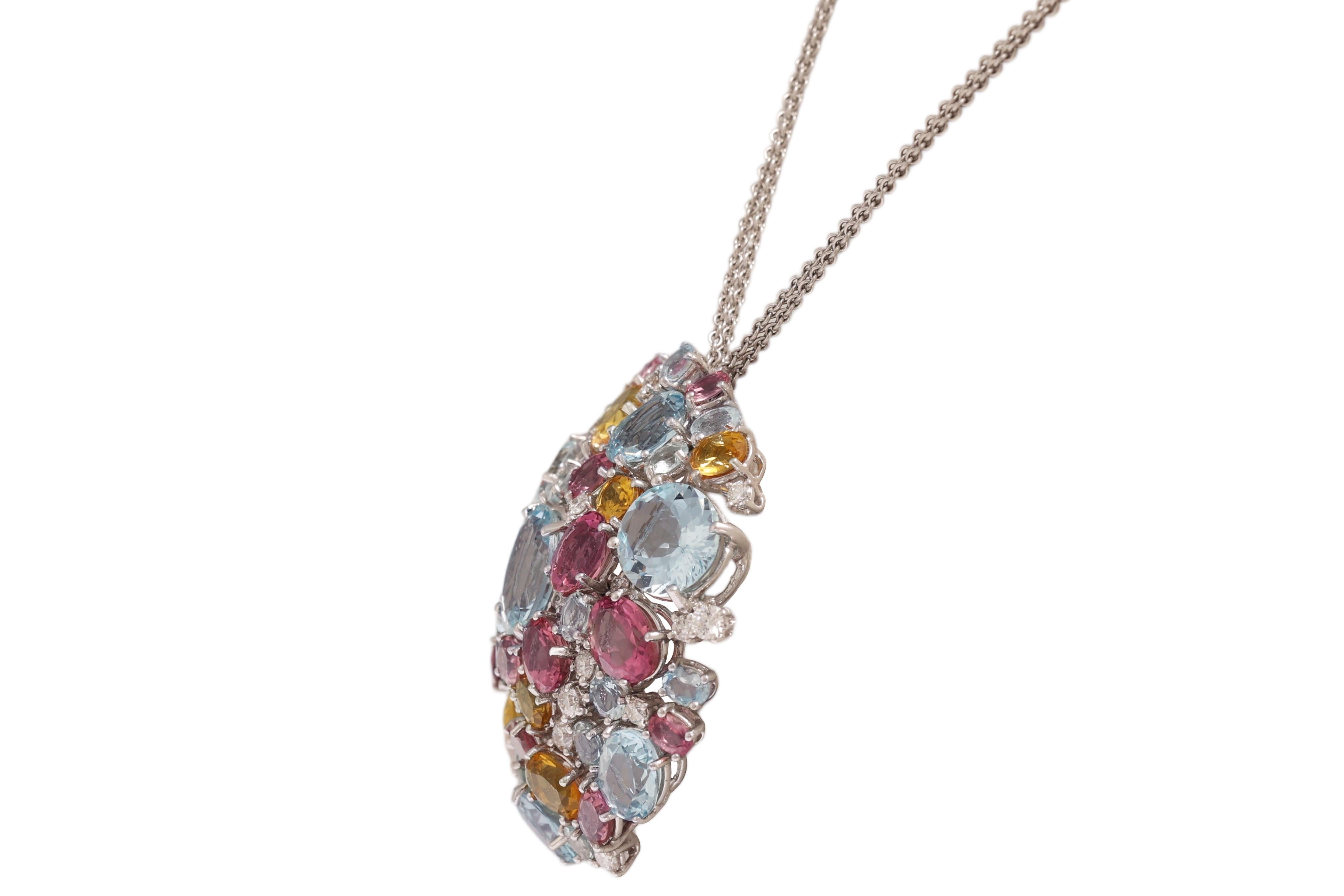 Taglio ovale Crivelli, diamanti e pietre colorate in oro bianco 18 Kt Appendino / Collana / Ciondolo in vendita