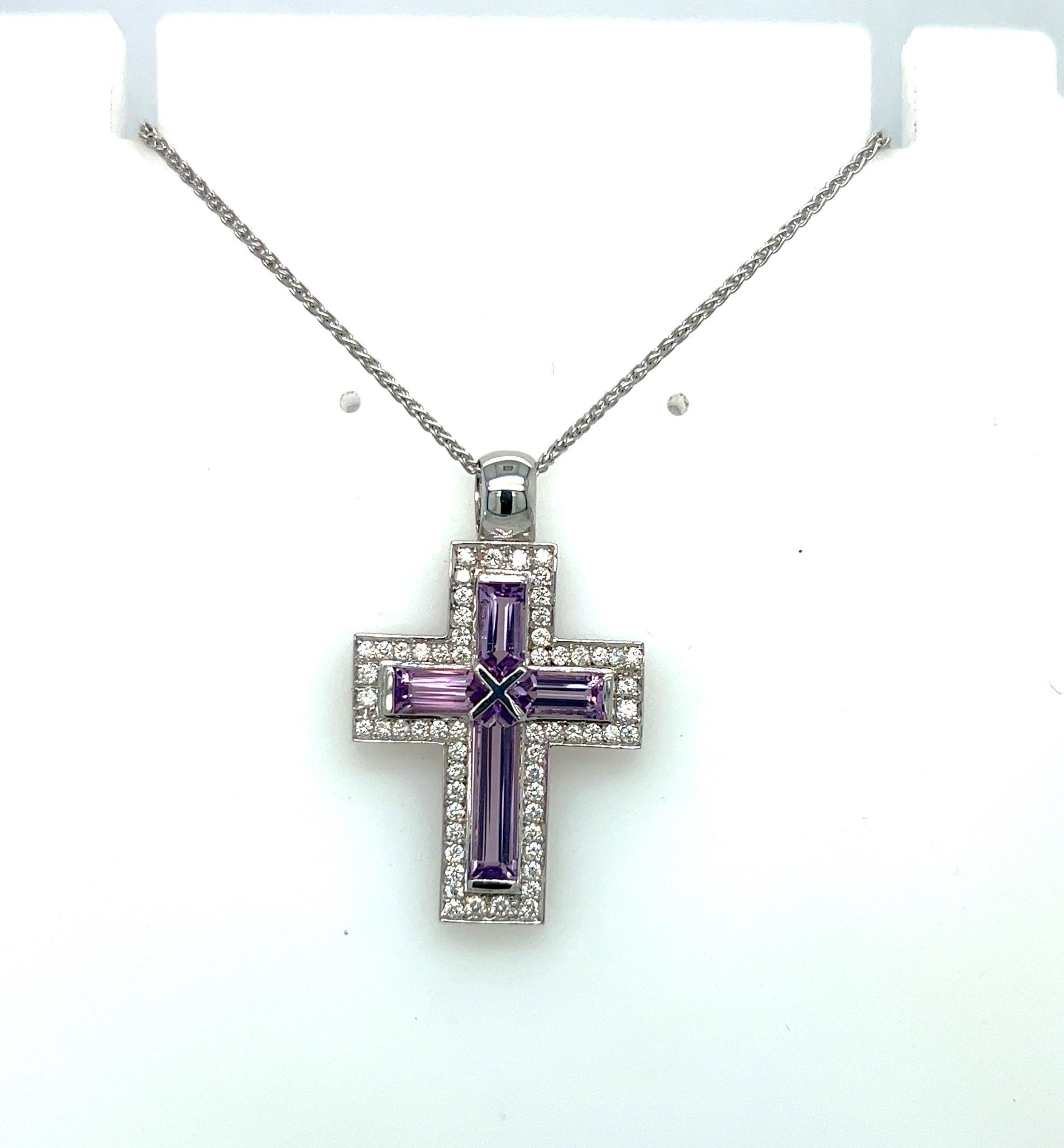 Modern 18 KT White Gold Cross Pendant Diamond 0.63 Cts. and Amethyst 1.00 cts. For Sale