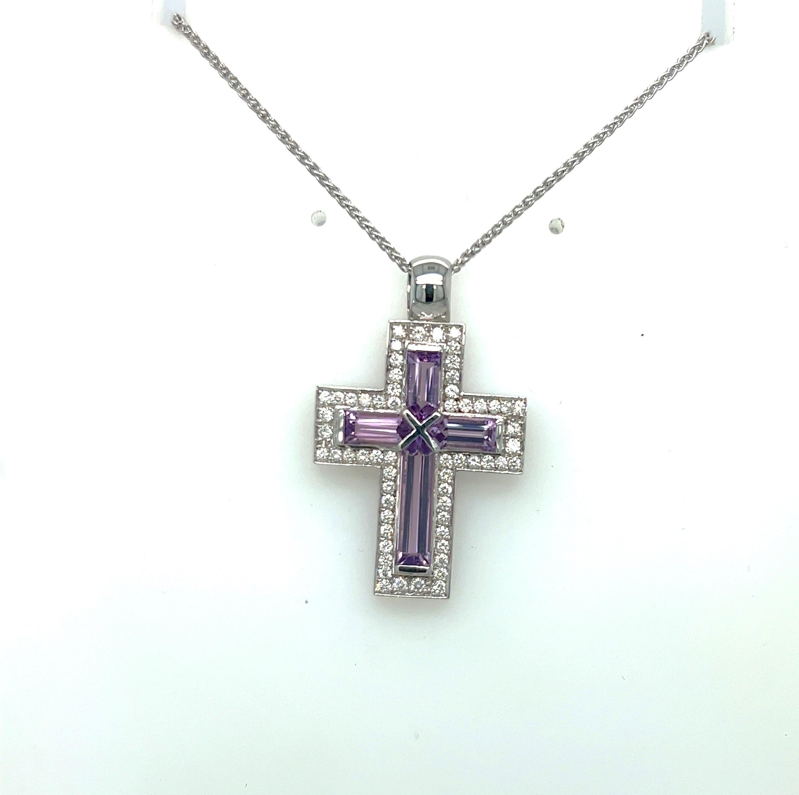 Baguette Cut 18 KT White Gold Cross Pendant Diamond 0.63 Cts. and Amethyst 1.00 cts. For Sale