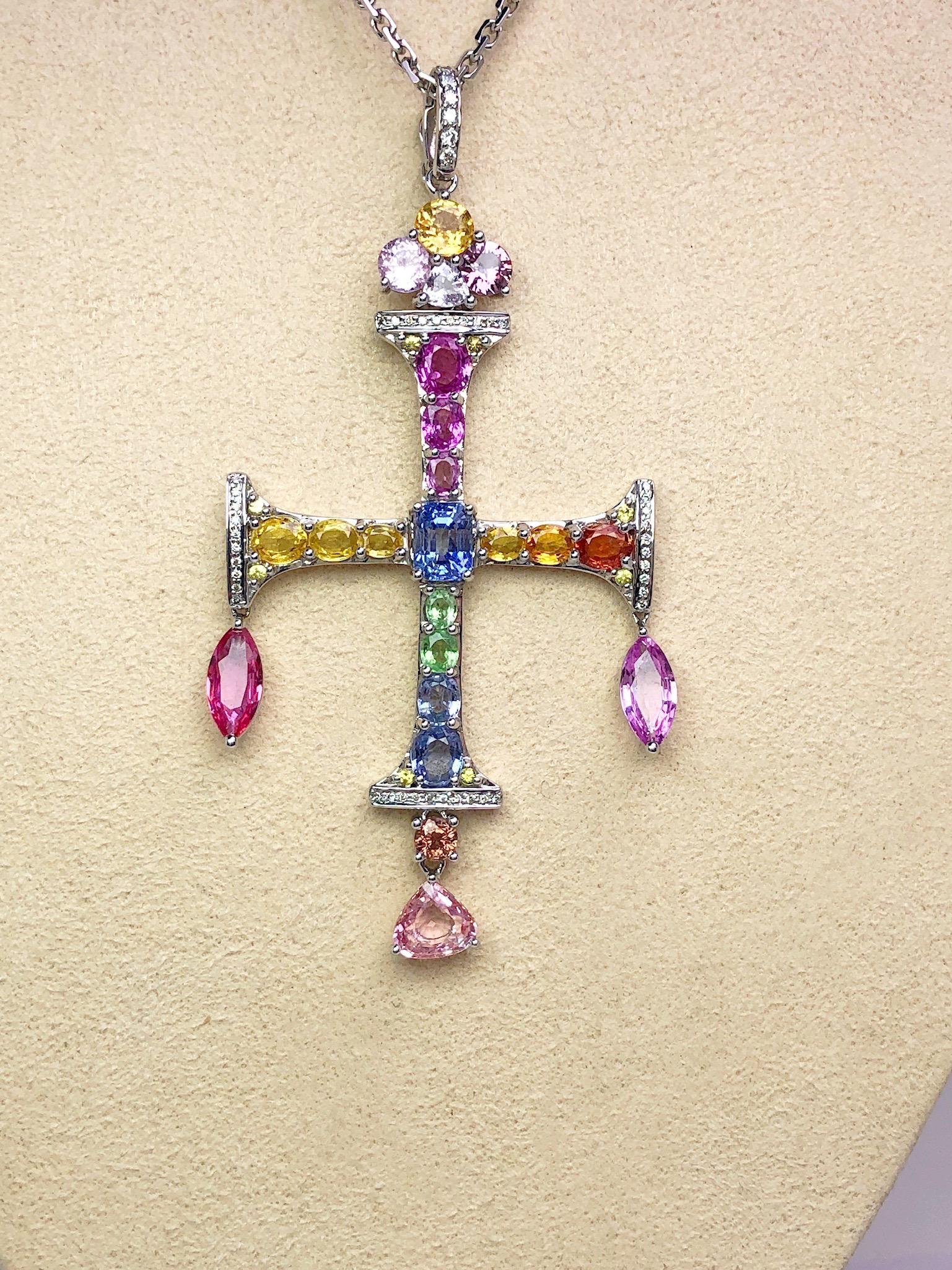 Contemporary 18 Karat White Gold Cross with Diamonds and 17.43 Carat Multicolored Sapphires For Sale