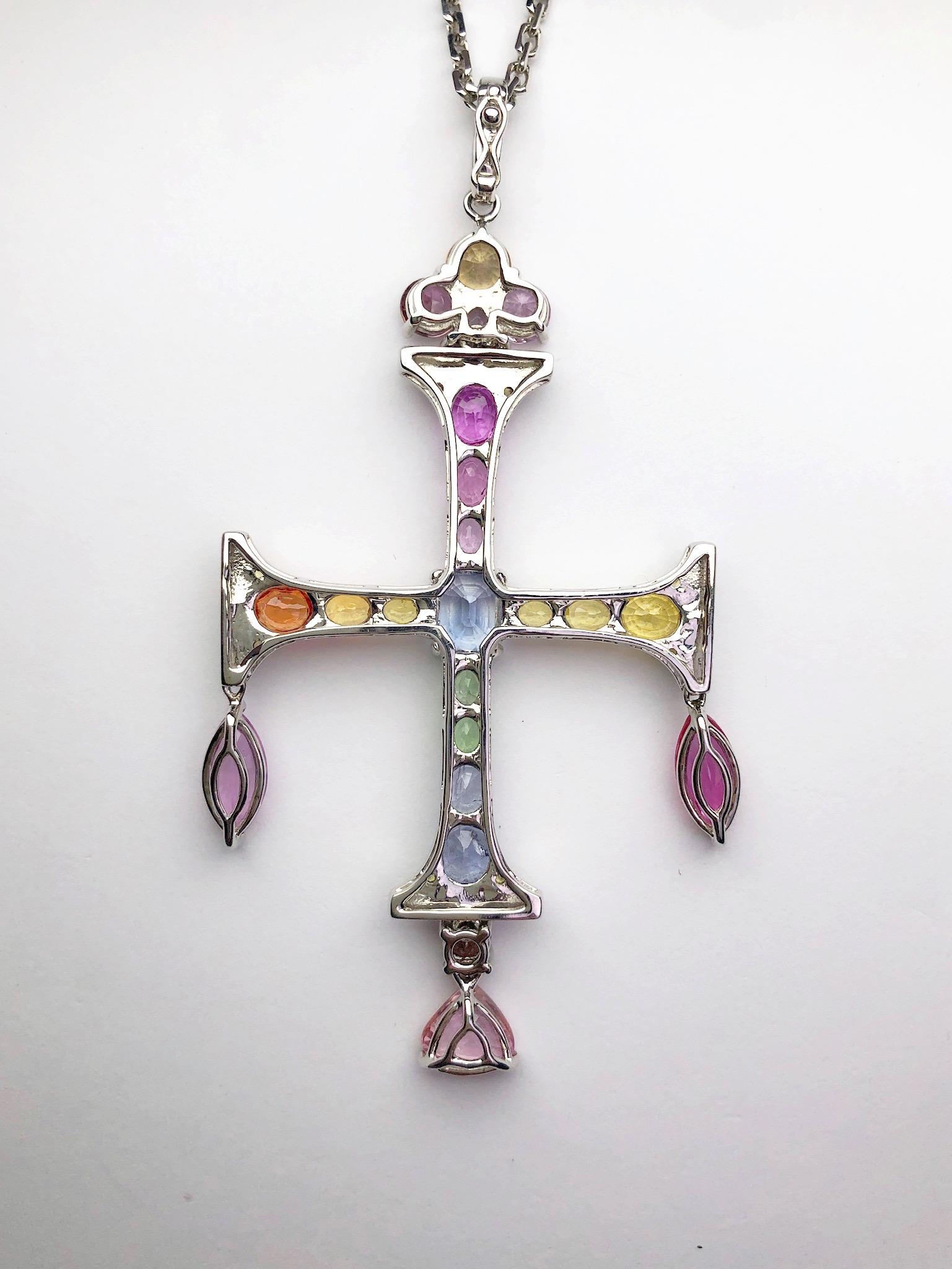 Oval Cut 18 Karat White Gold Cross with Diamonds and 17.43 Carat Multicolored Sapphires For Sale