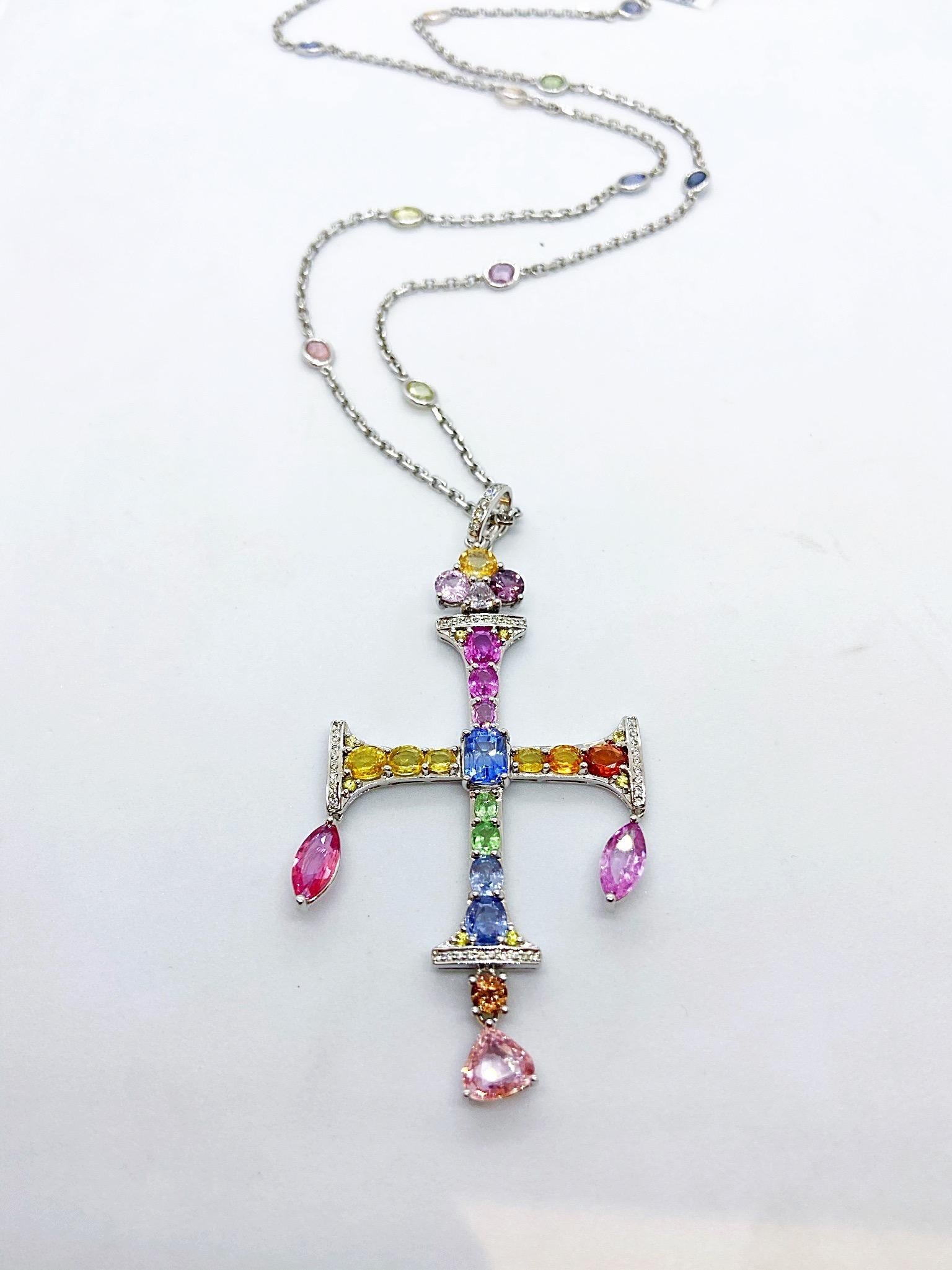 Women's or Men's 18 Karat White Gold Cross with Diamonds and 17.43 Carat Multicolored Sapphires For Sale