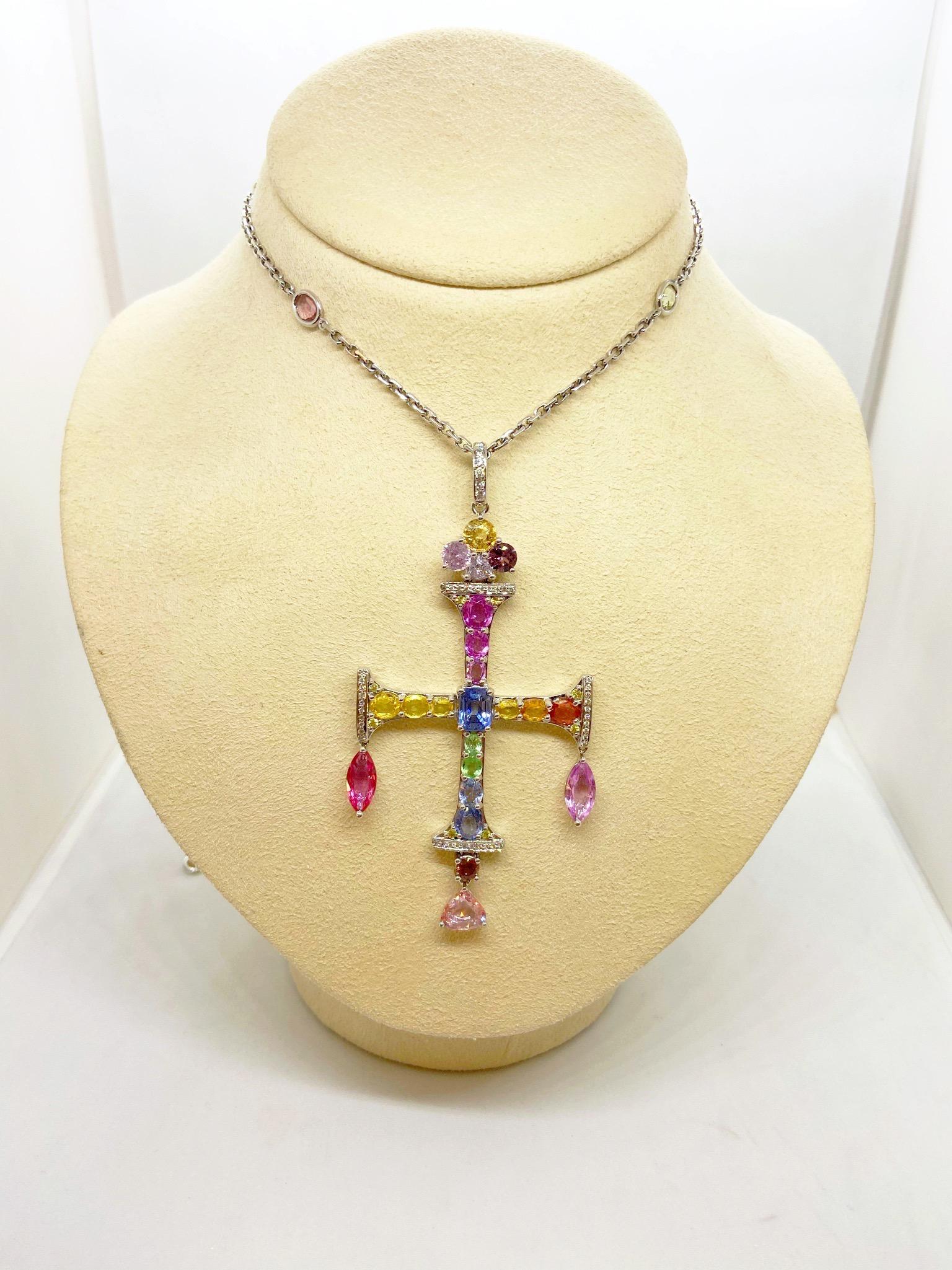 18 Karat White Gold Cross with Diamonds and 17.43 Carat Multicolored Sapphires For Sale 2