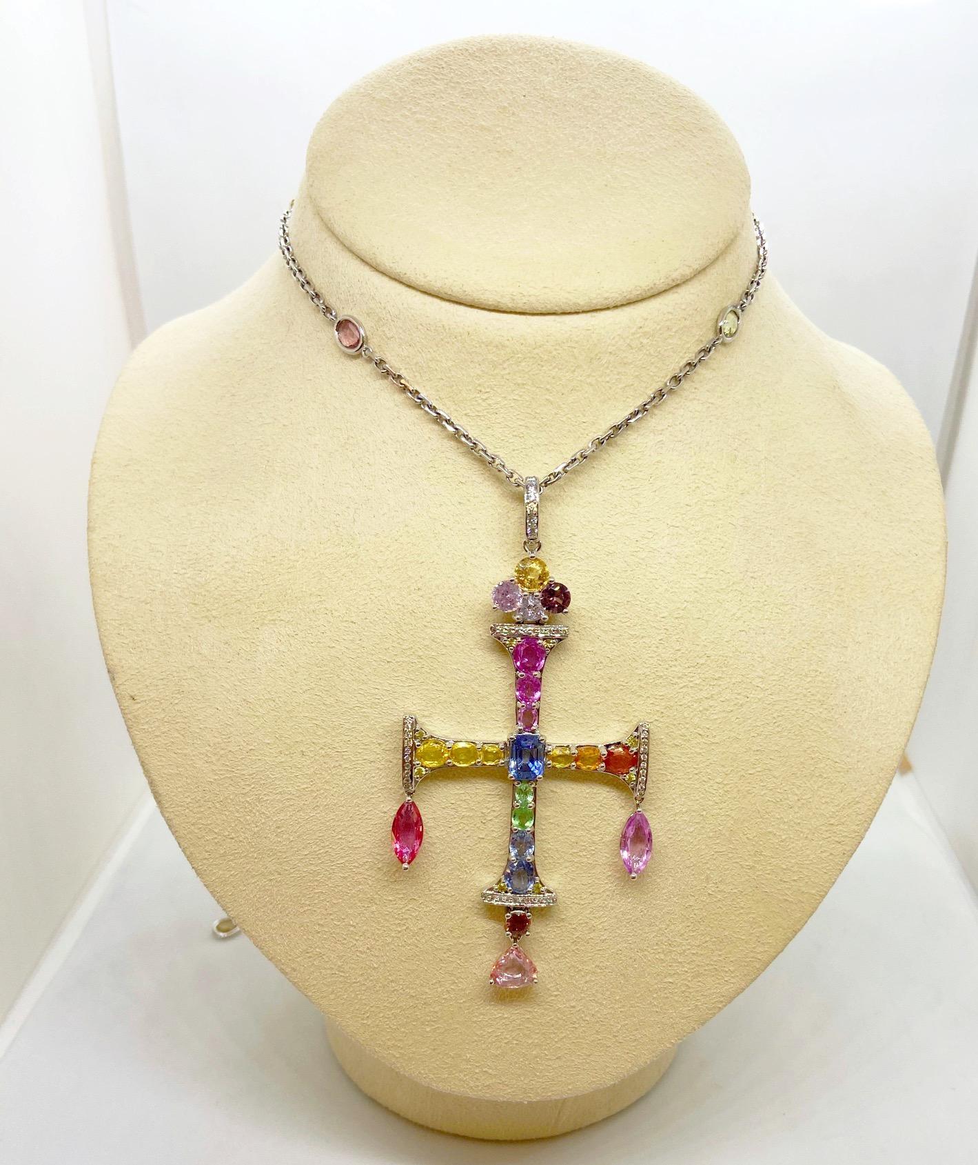 18 Karat White Gold Cross with Diamonds and 17.43 Carat Multicolored Sapphires For Sale 3