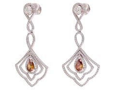 18 kt. White Gold Dangle Earrings Set With 3.6 ct. White & Cognac Diamonds