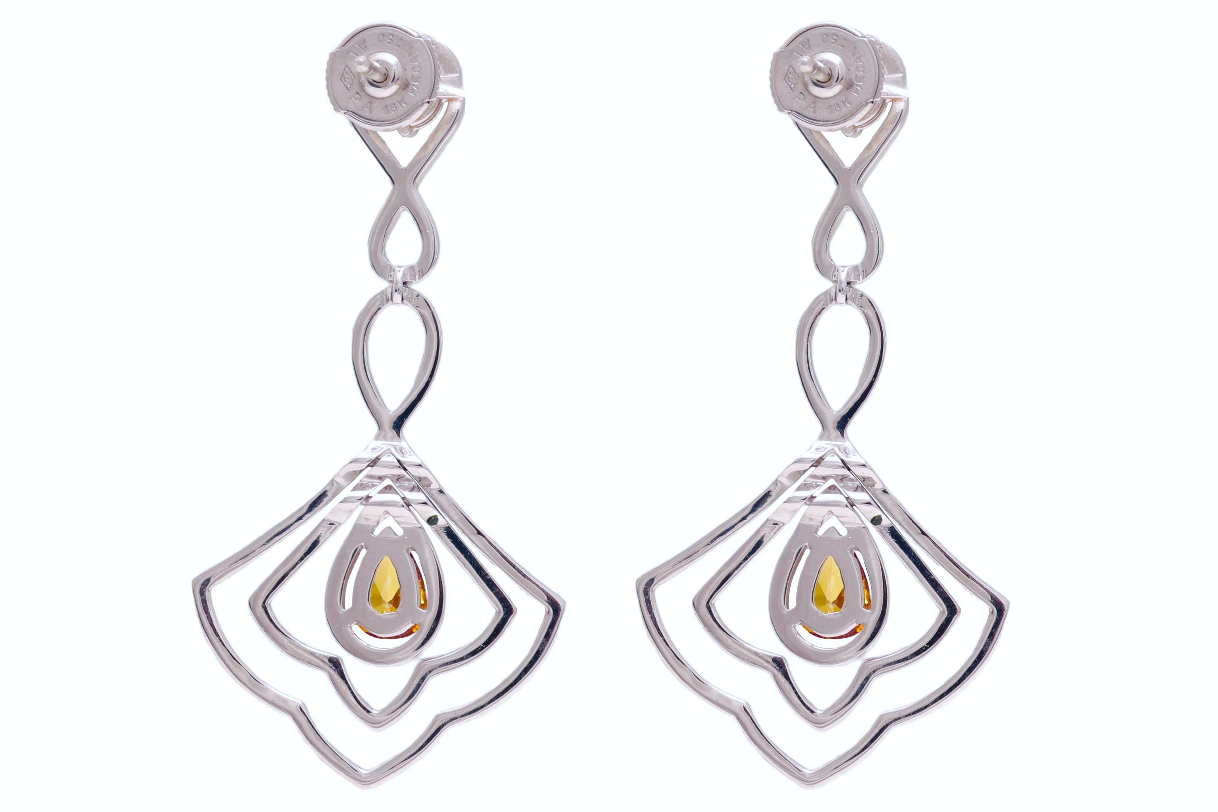 Women's or Men's 18 kt. White Gold Dangle Earrings Set With 3.6 ct. White & Cognac Diamonds For Sale