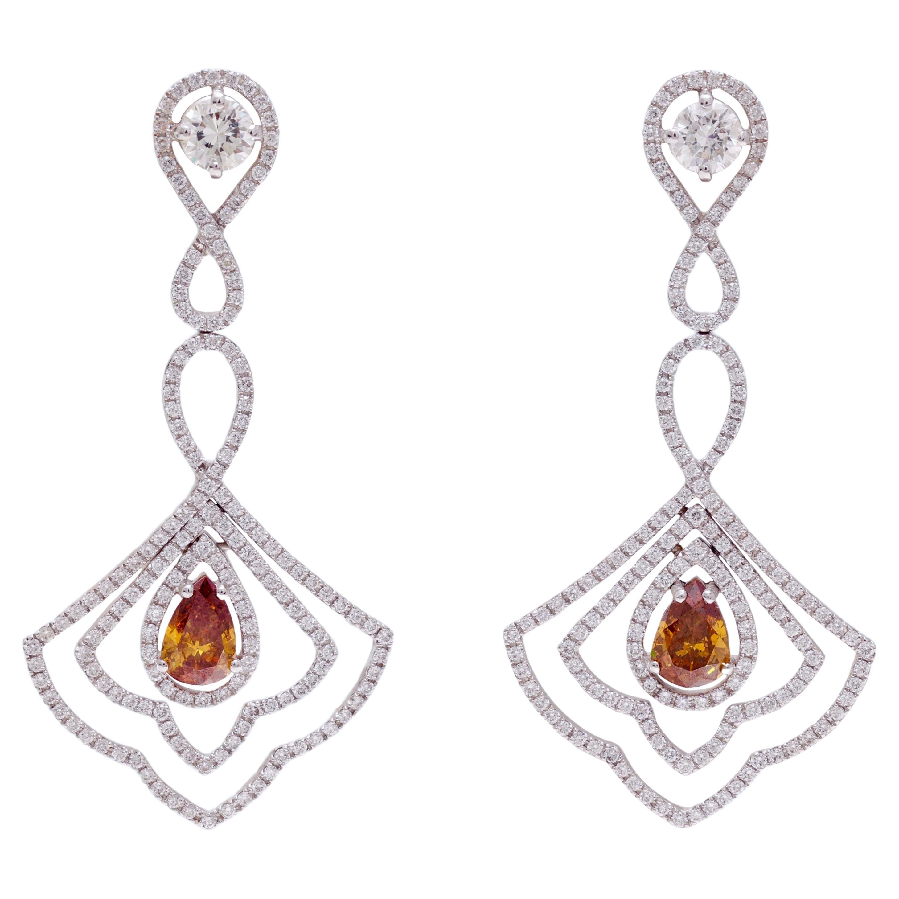 18 kt. White Gold Dangle Earrings Set With 3.6 ct. White & Cognac Diamonds For Sale