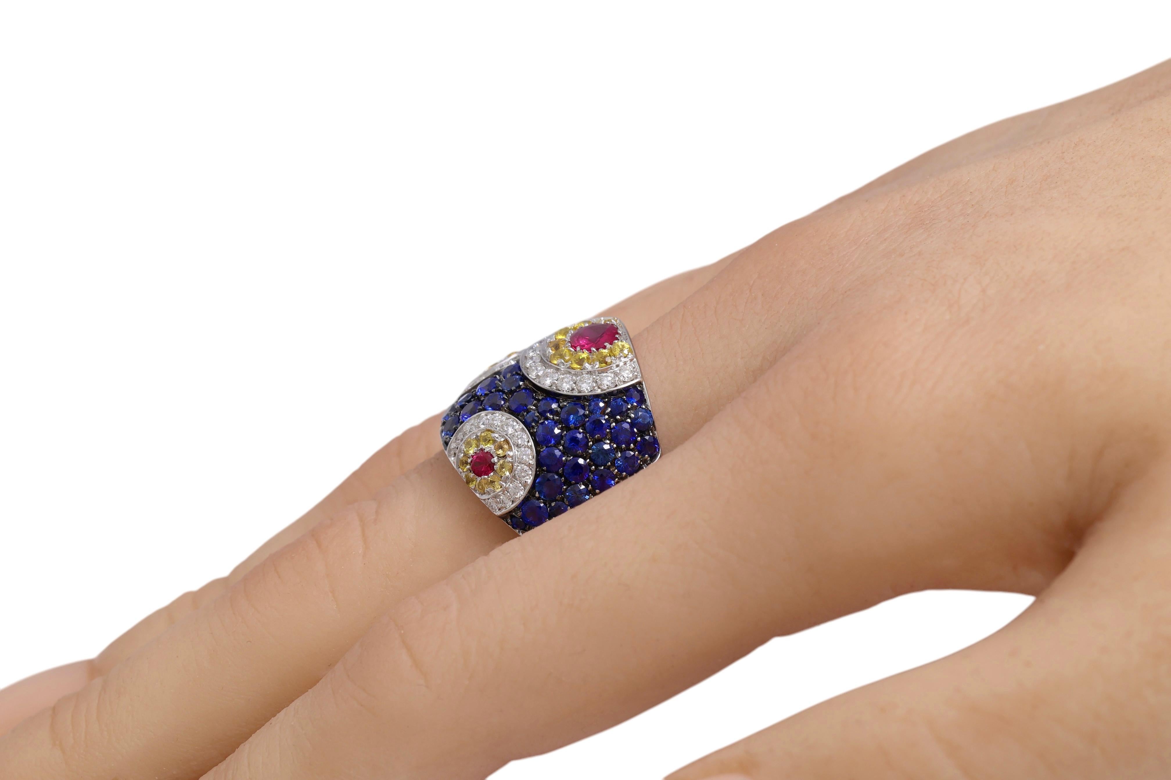 18 kt White Gold Design Ring, Sapphires, Rubies & Diamonds For Sale 8