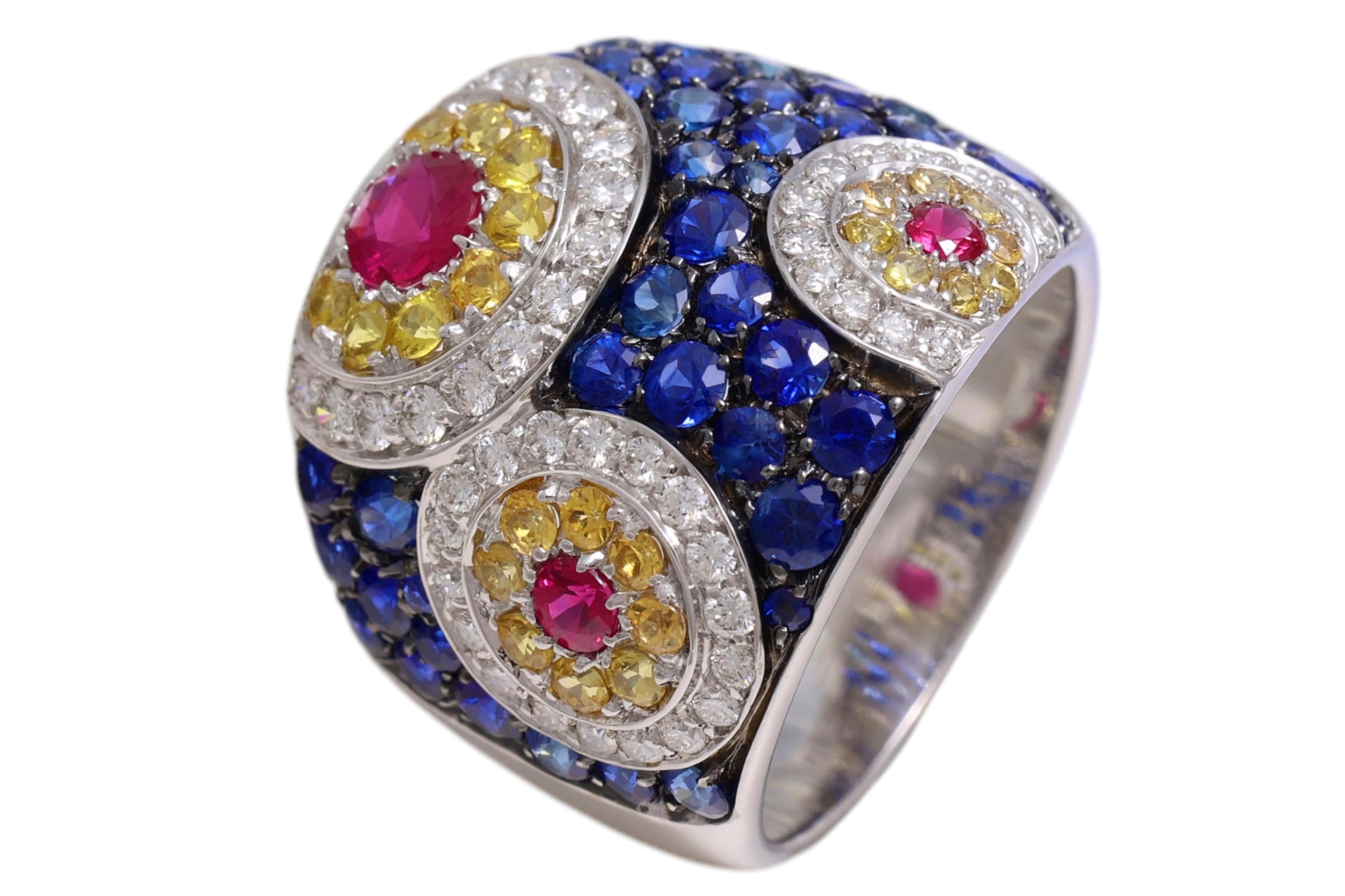 WHITE GOLDEN 18 KT RING WITH DIAMONDS, RUBIES & SAPPHIRES

Amazing design and fits like a glove !

MATERIAL: 18 kt white gold

DIAMONDS: brilliant cut diamonds, together ca. 0.5 Cts

SAPPHIRES: 3.43 Cts

RUBIES : 0.48 Cts

WEIGHT: 12.4 gr / 0.440 oz