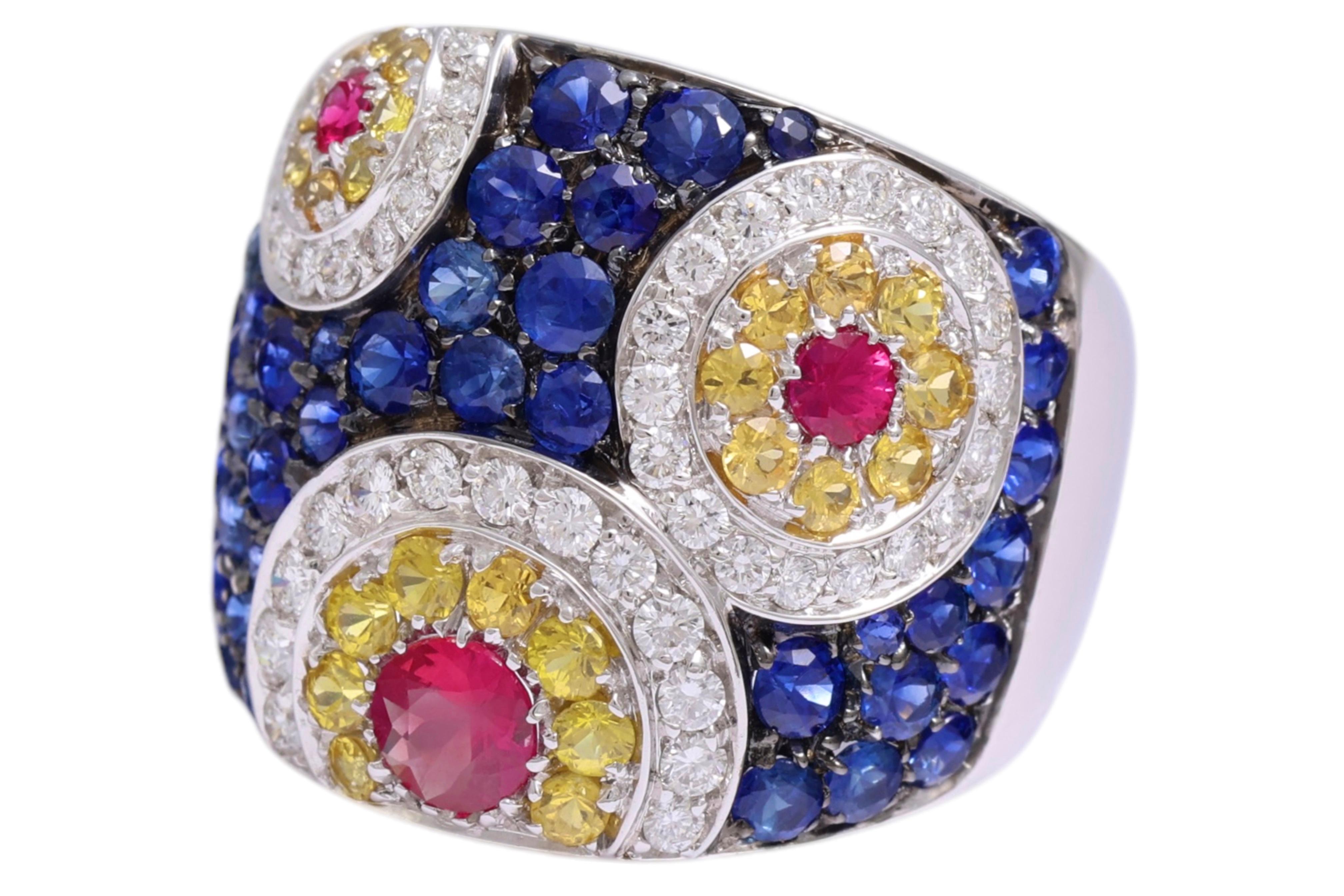 Modern 18 kt White Gold Design Ring, Sapphires, Rubies & Diamonds For Sale