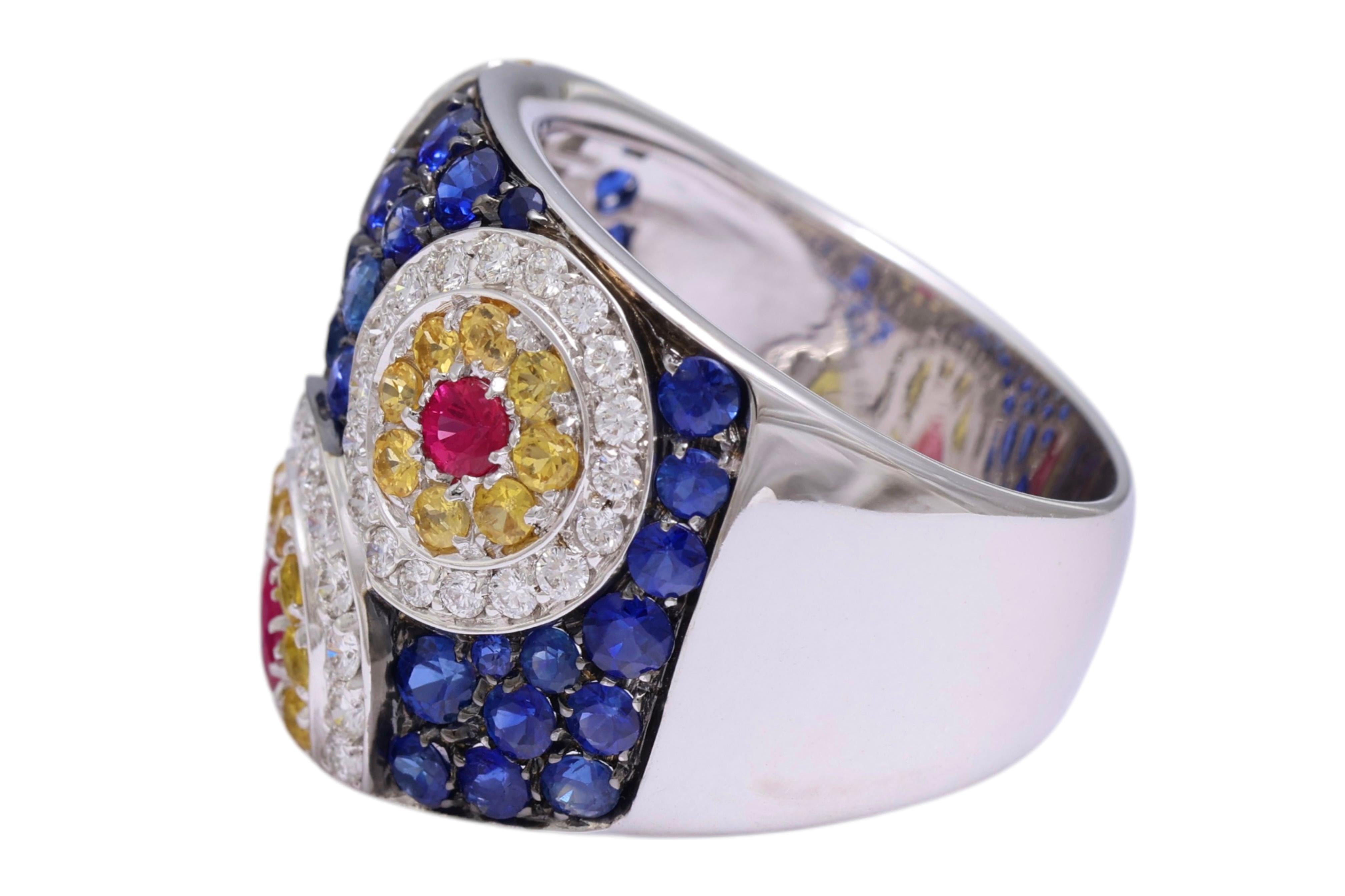 Round Cut 18 kt White Gold Design Ring, Sapphires, Rubies & Diamonds For Sale