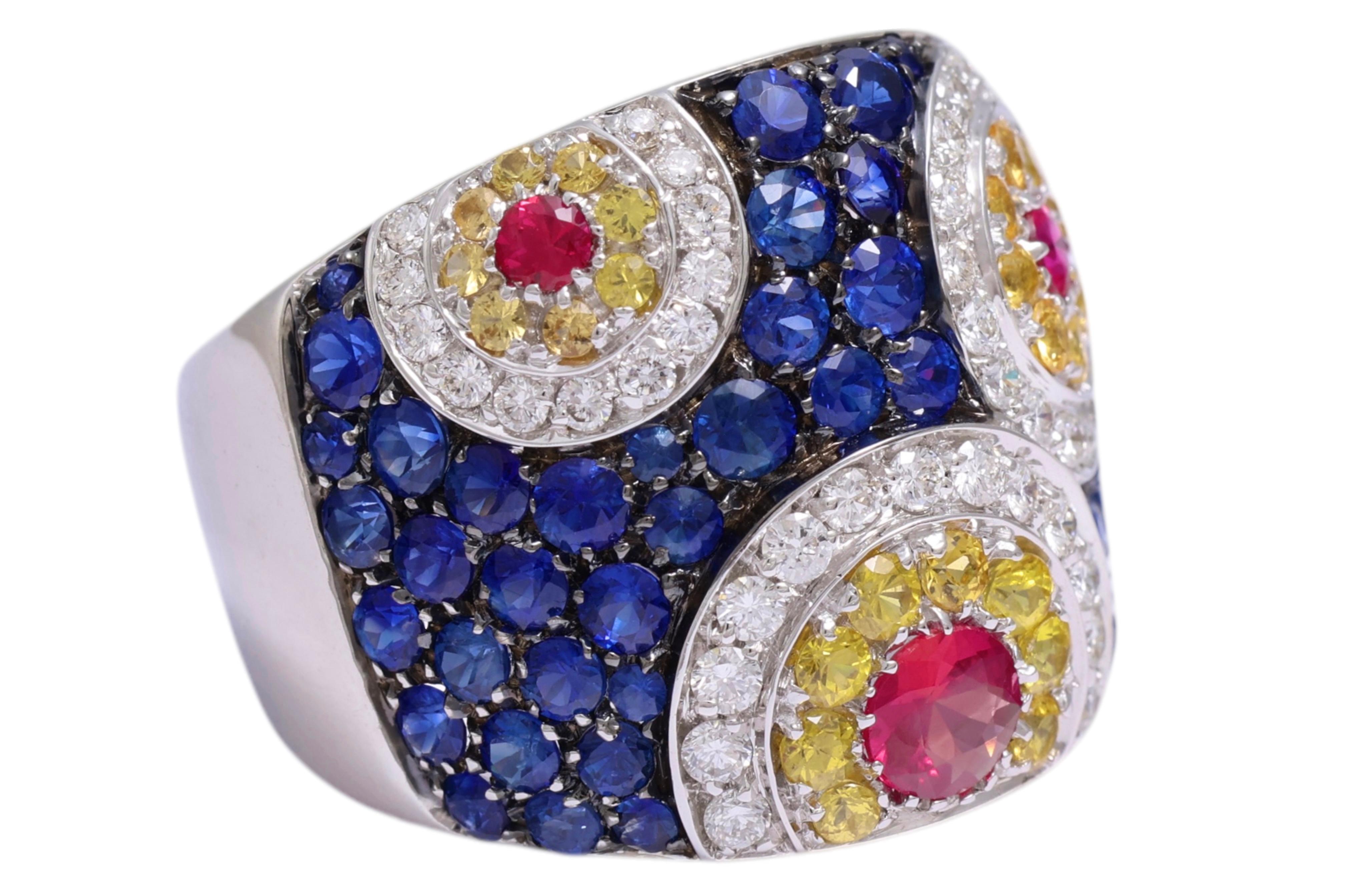 Women's or Men's 18 kt White Gold Design Ring, Sapphires, Rubies & Diamonds For Sale