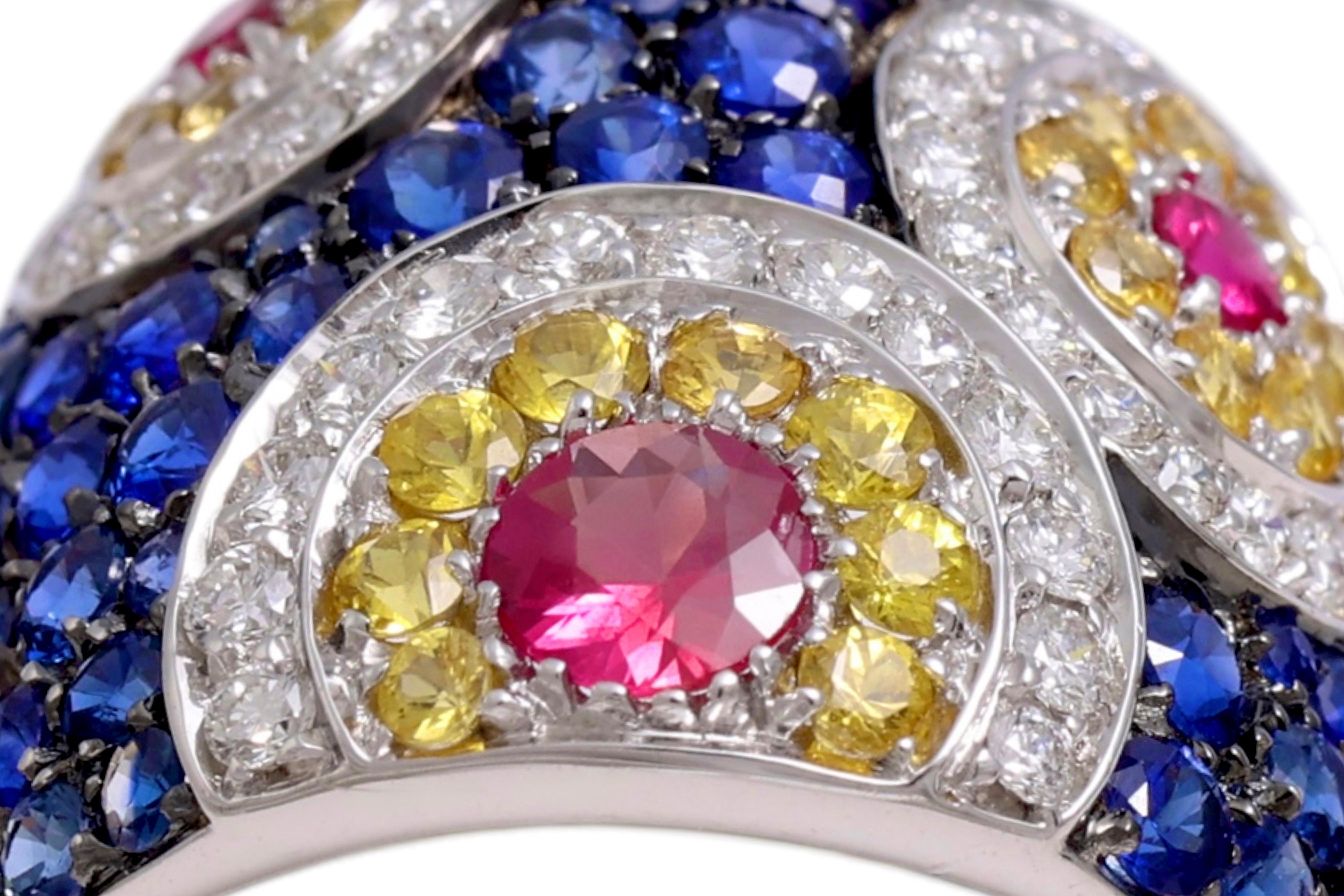18 kt White Gold Design Ring, Sapphires, Rubies & Diamonds For Sale 1