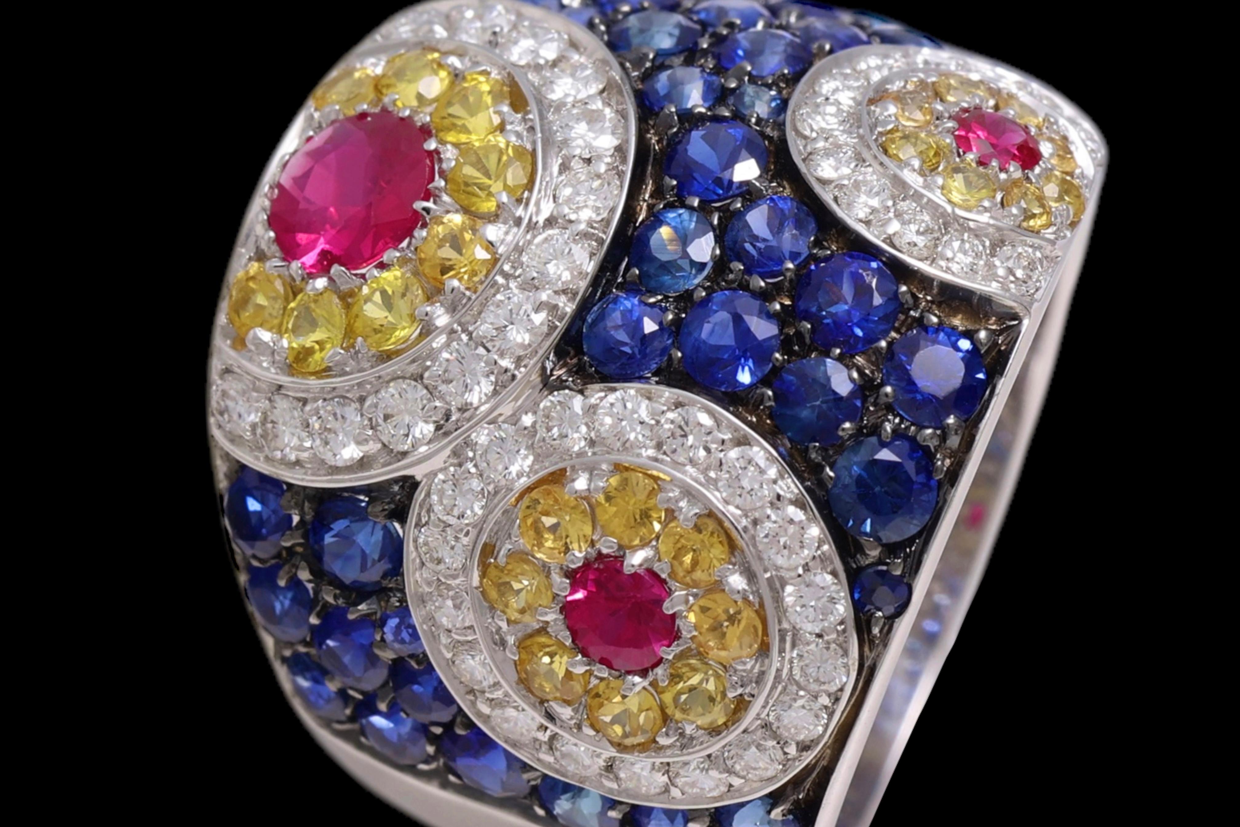 18 kt White Gold Design Ring, Sapphires, Rubies & Diamonds For Sale 2