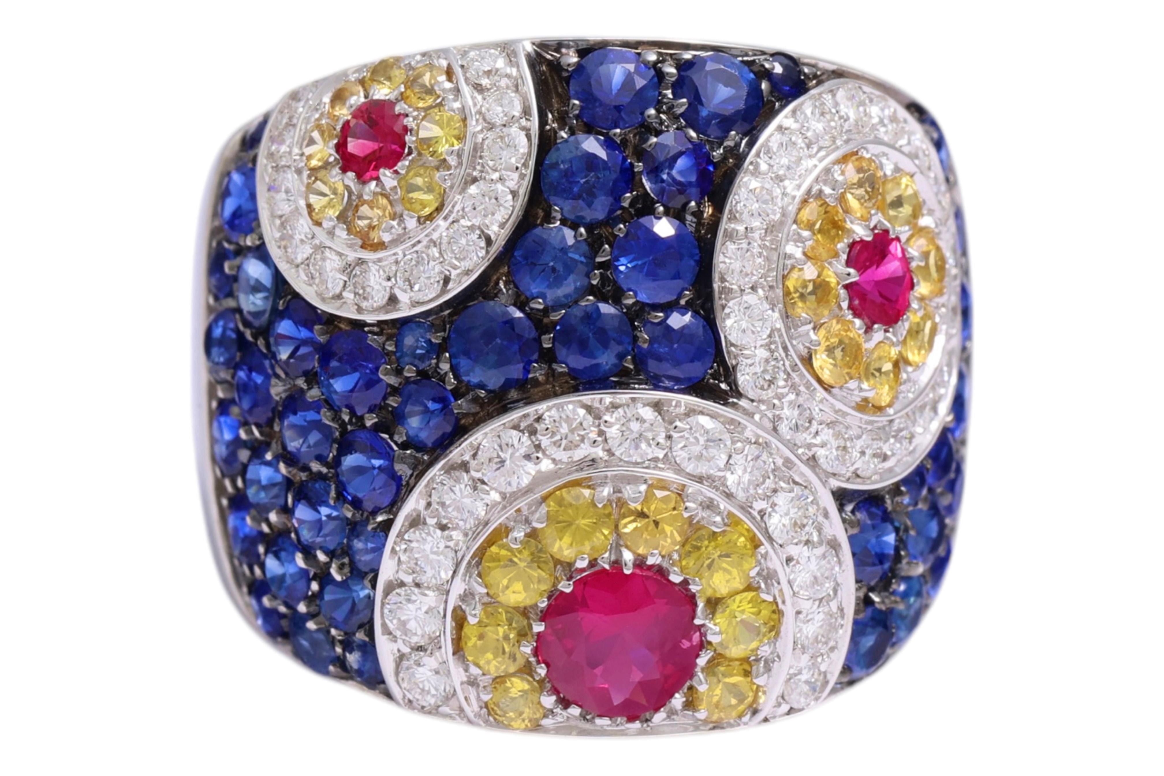 18 kt White Gold Design Ring, Sapphires, Rubies & Diamonds