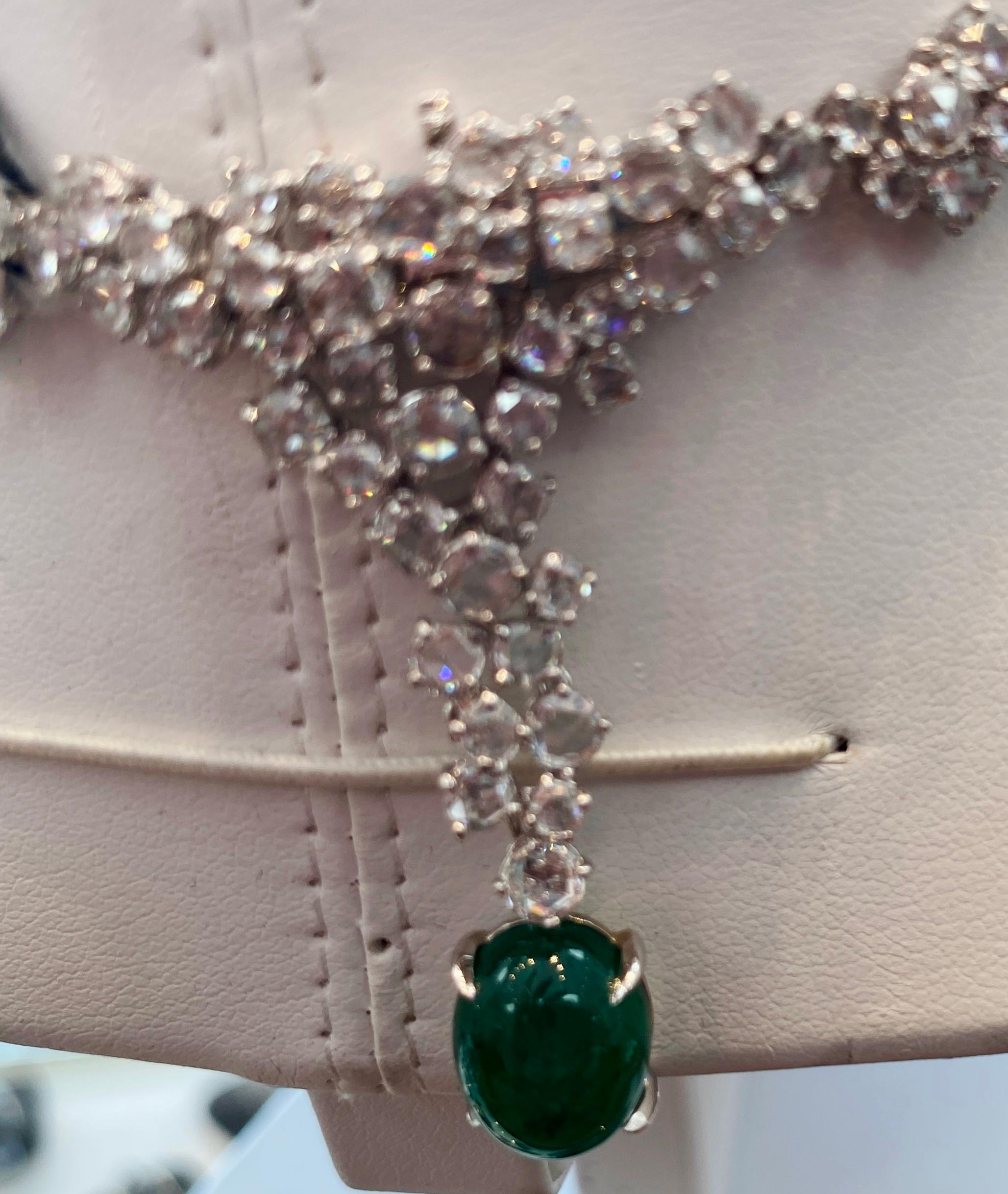 18 Karat White Gold Diamond and Cabochon Emerald 