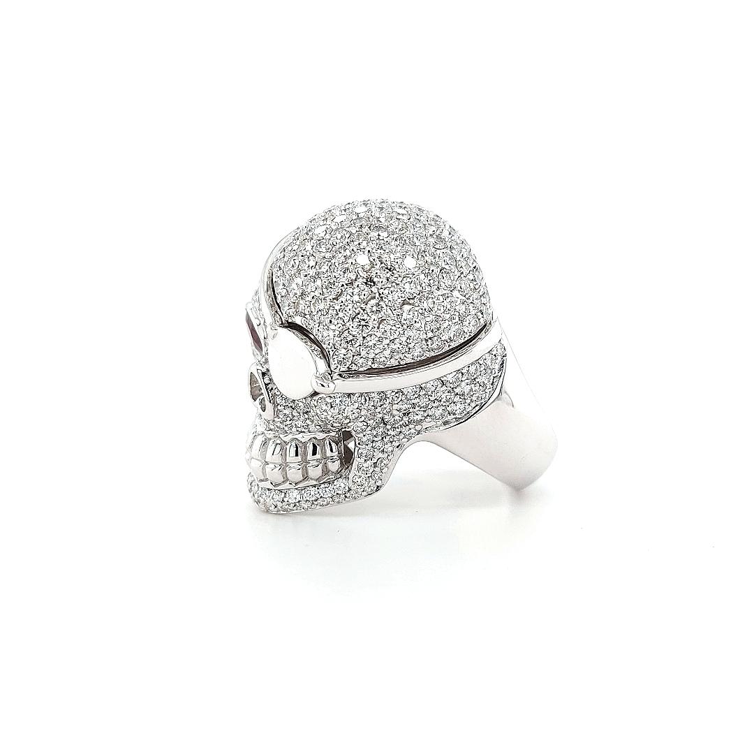 Artist 18 Karat white Gold Diamond and Ruby Skull Ring with Eye Patch of Pirate