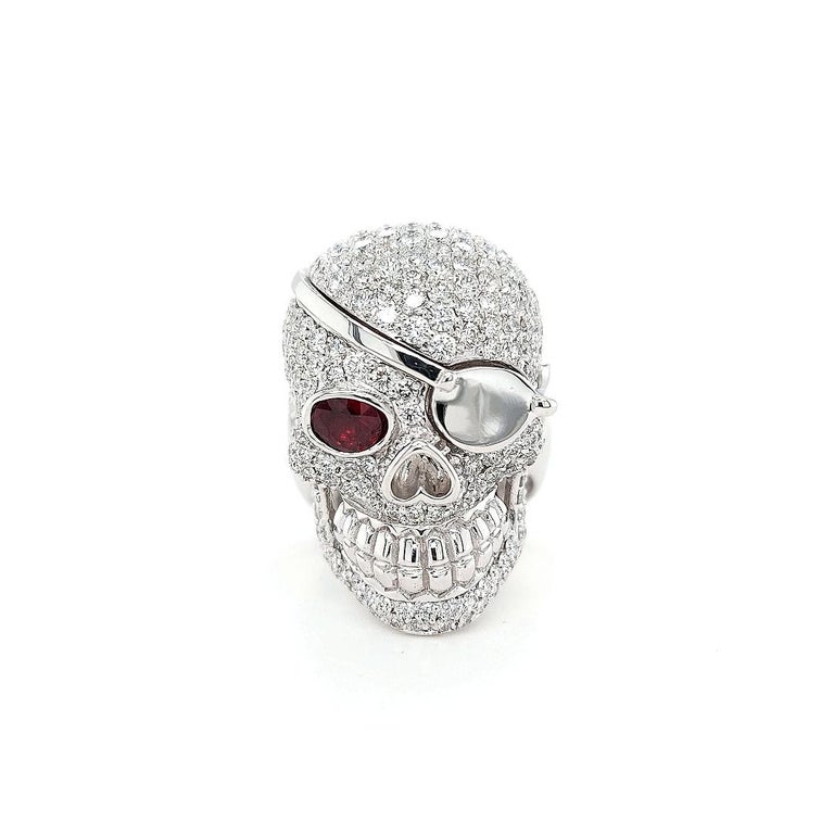 18 Karat white Gold Diamond and Ruby Skull Ring with Eye Patch of ...