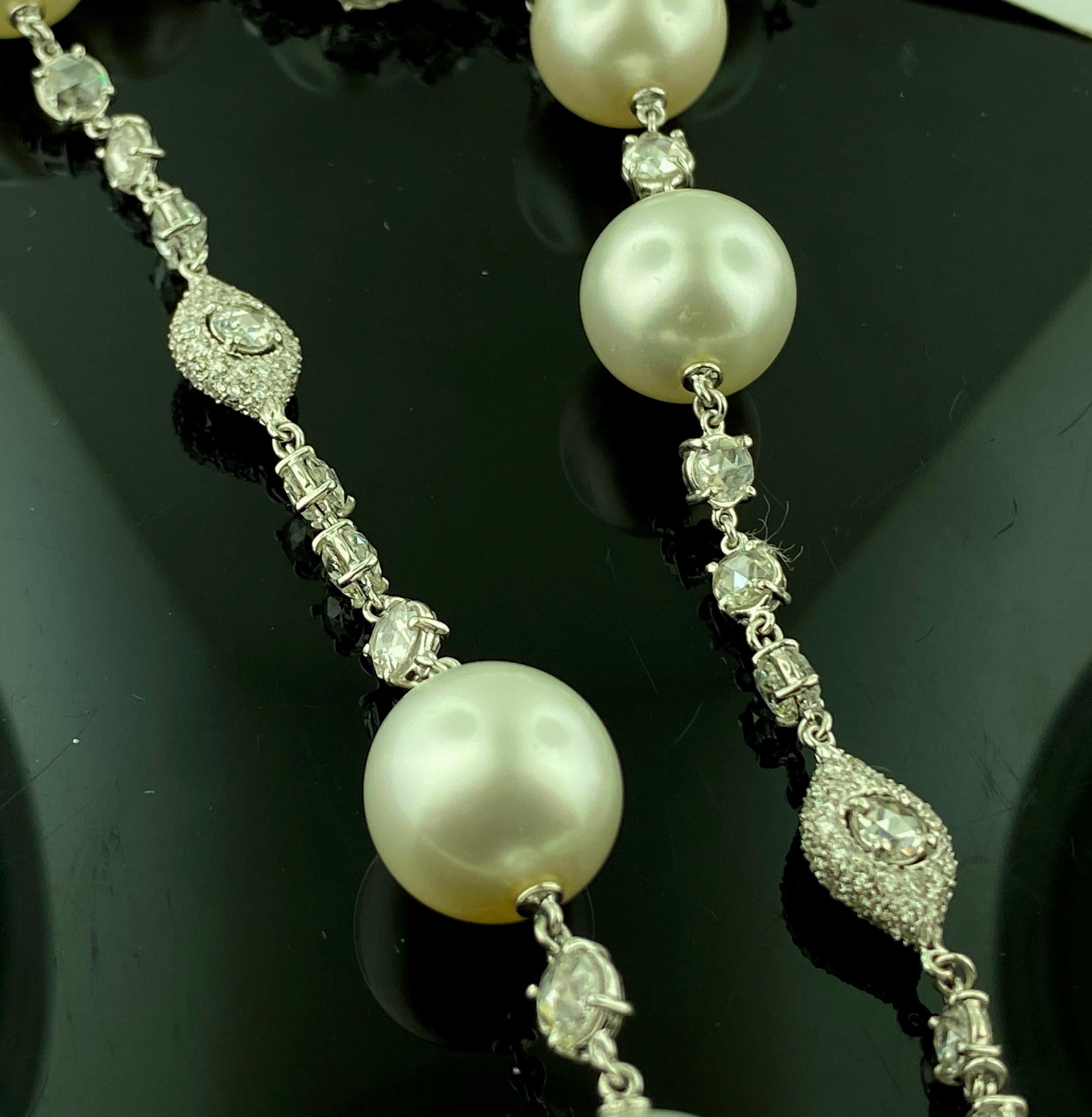 Rose Cut 18 KT White Gold Diamond and South Sea Pearl Necklace For Sale