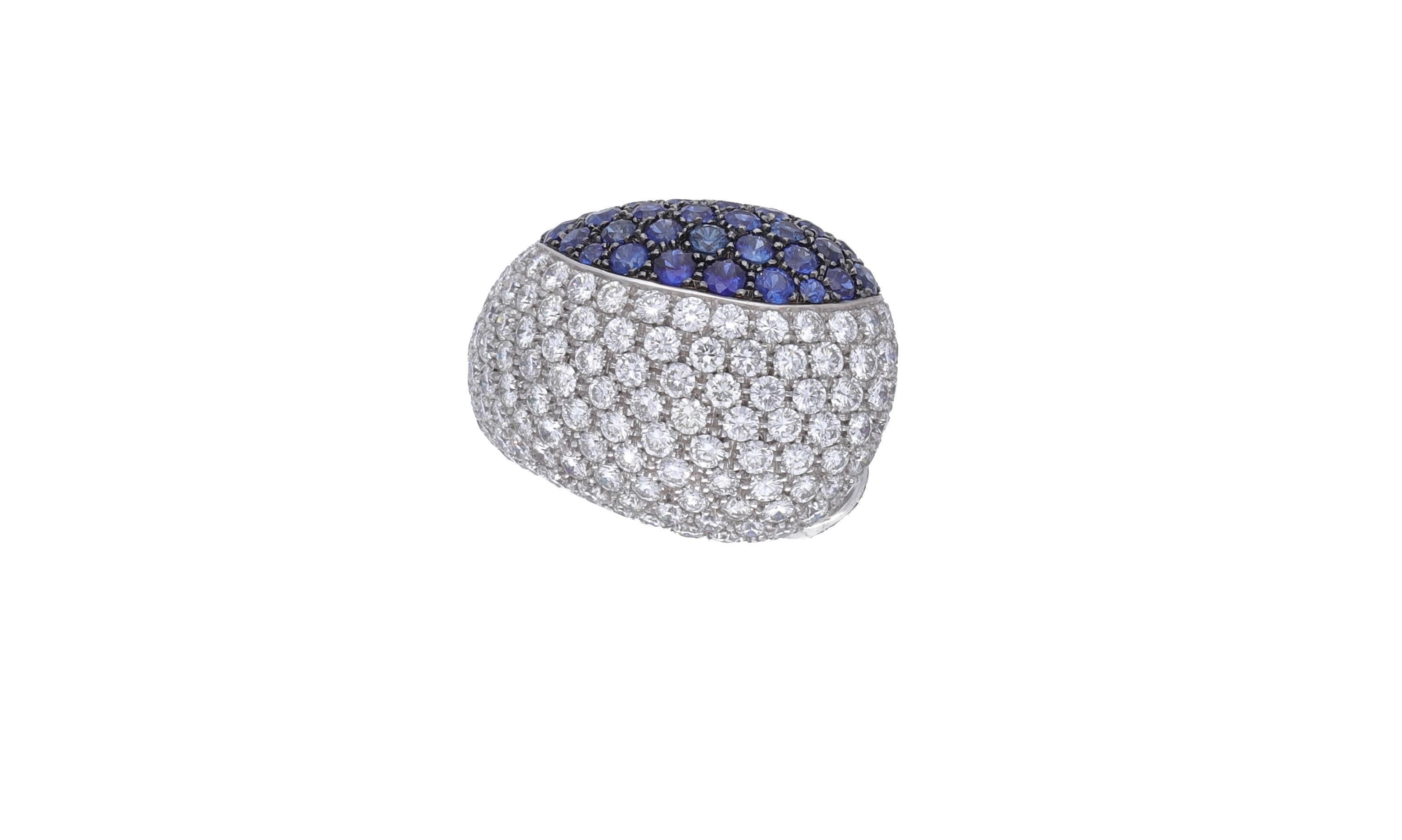 Round Cut 18 Karat White Gold Diamond Blue Sapphires Cocktail Ring