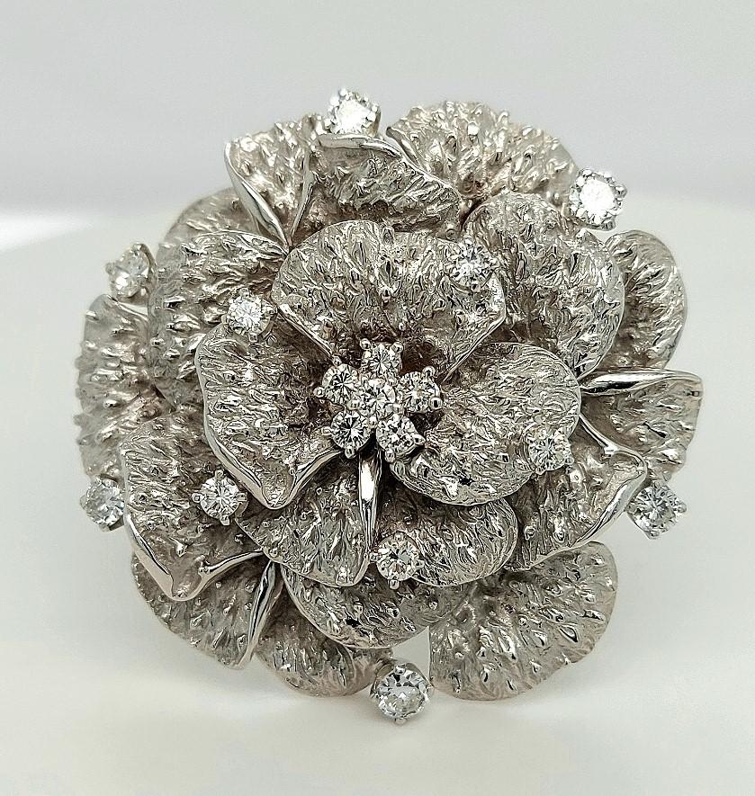 Artisan 18kt White Gold Diamond Camellia Flower Brooch