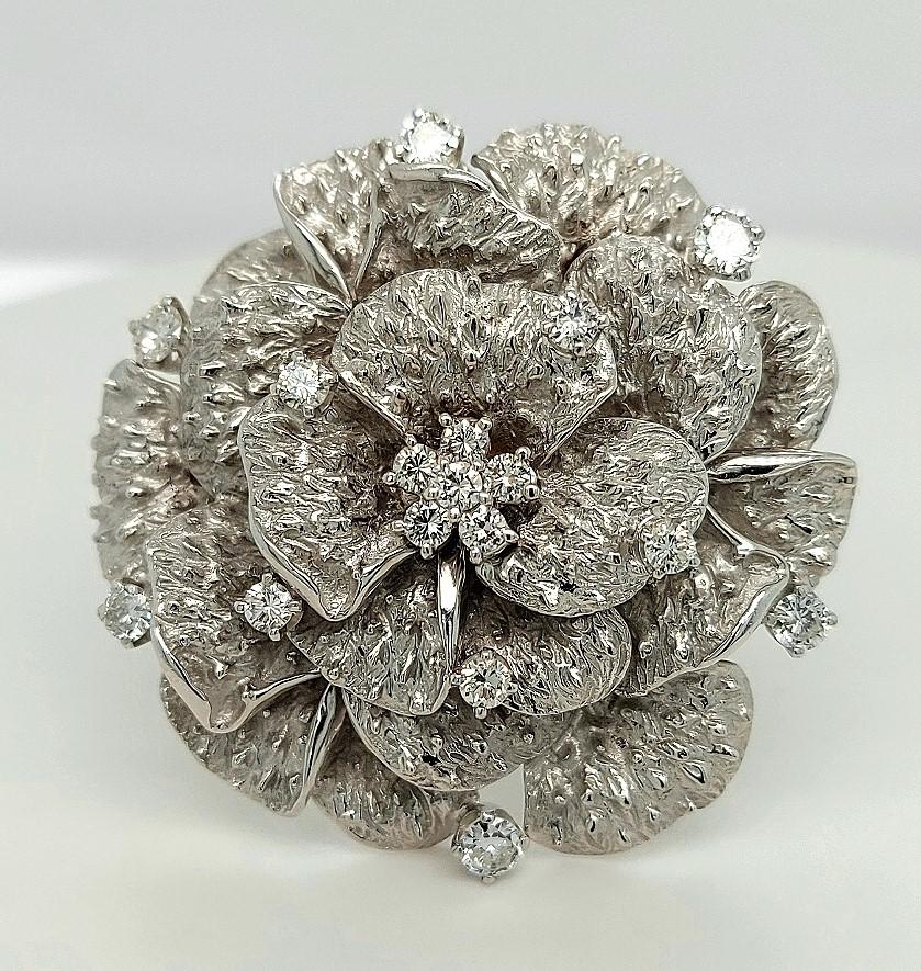 Artisan 18kt White Gold Diamond Camellia Flower Brooch For Sale