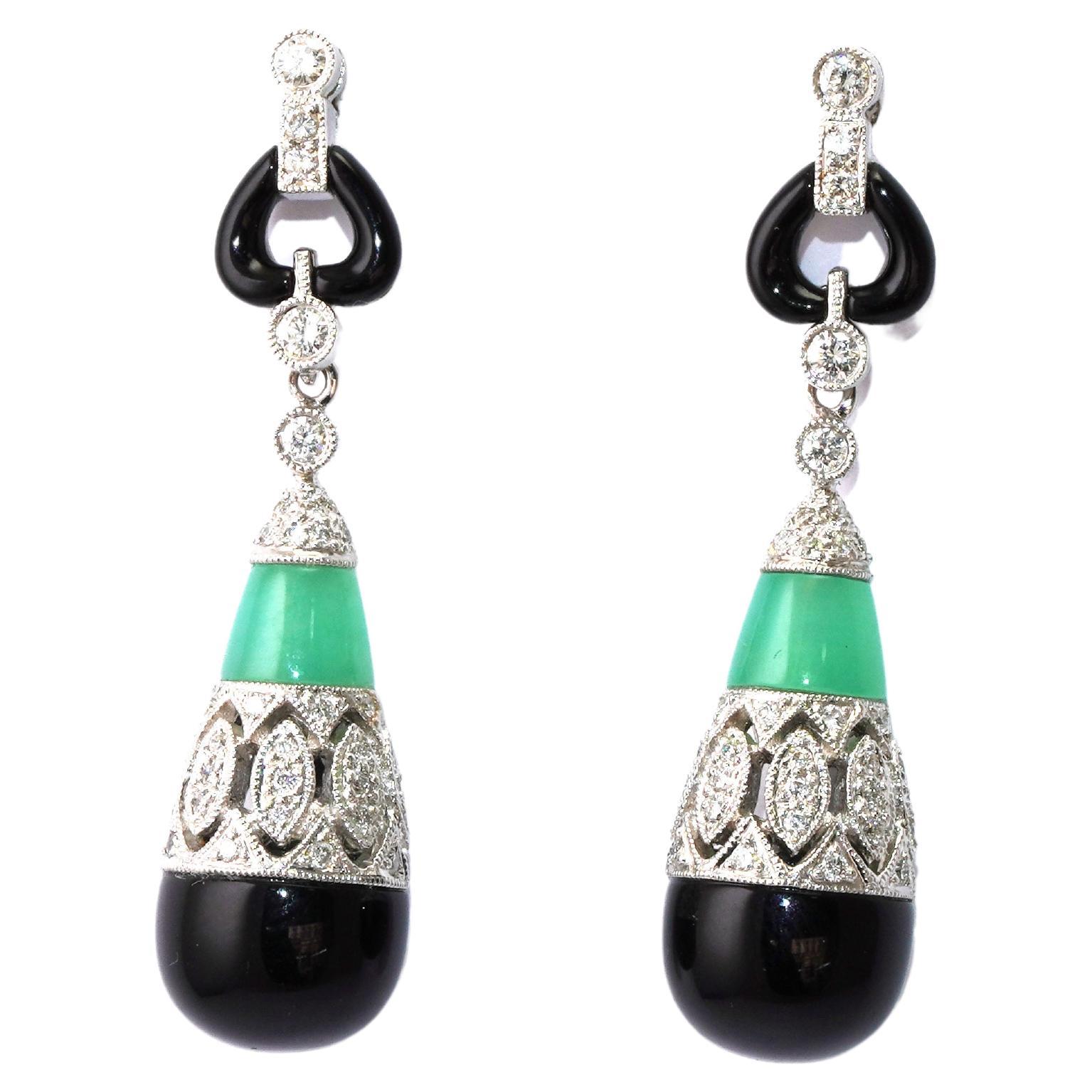 18 Karat White Gold Diamond Onyx Jade Earrings For Sale