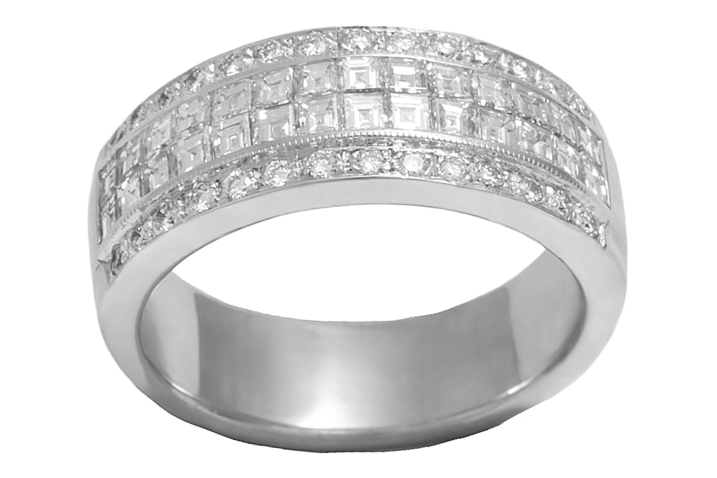 Modern 18 Kt White Gold Diamond Ring, Invisible Setting Square Cut Diamonds For Sale