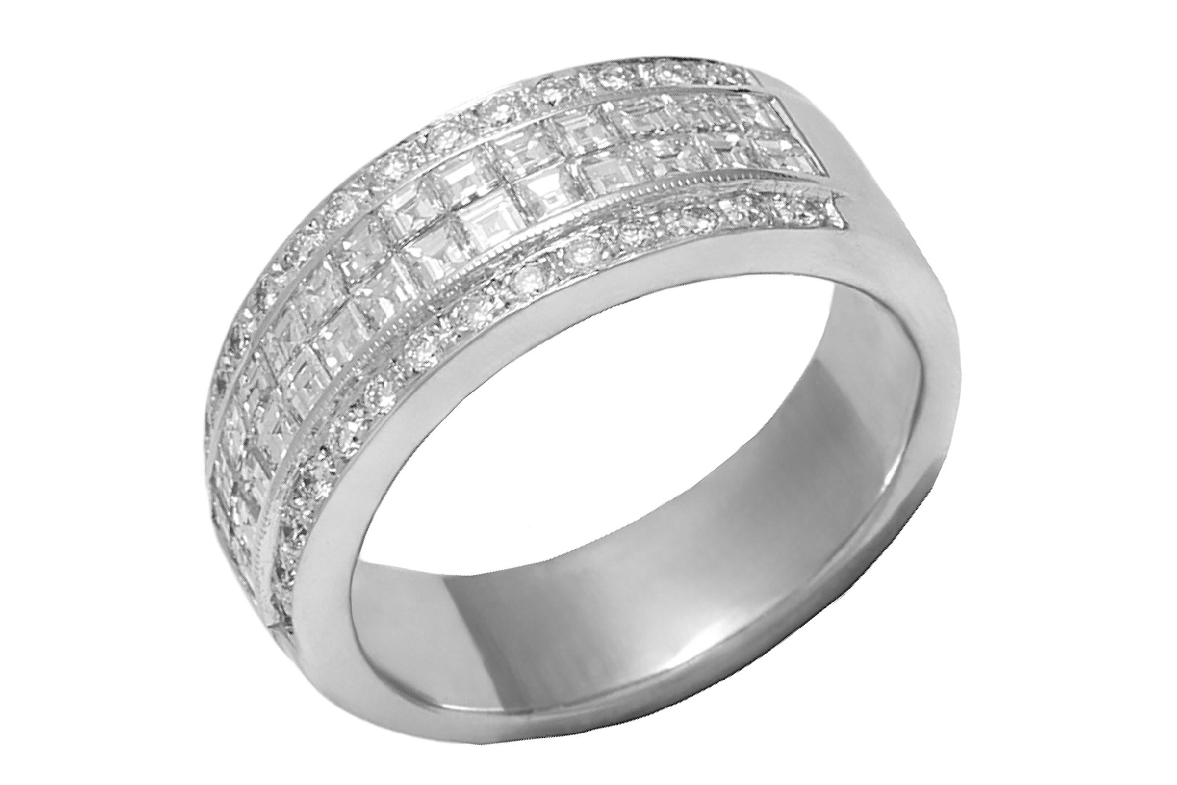 Women's or Men's 18 Kt White Gold Diamond Ring, Invisible Setting Square Cut Diamonds For Sale