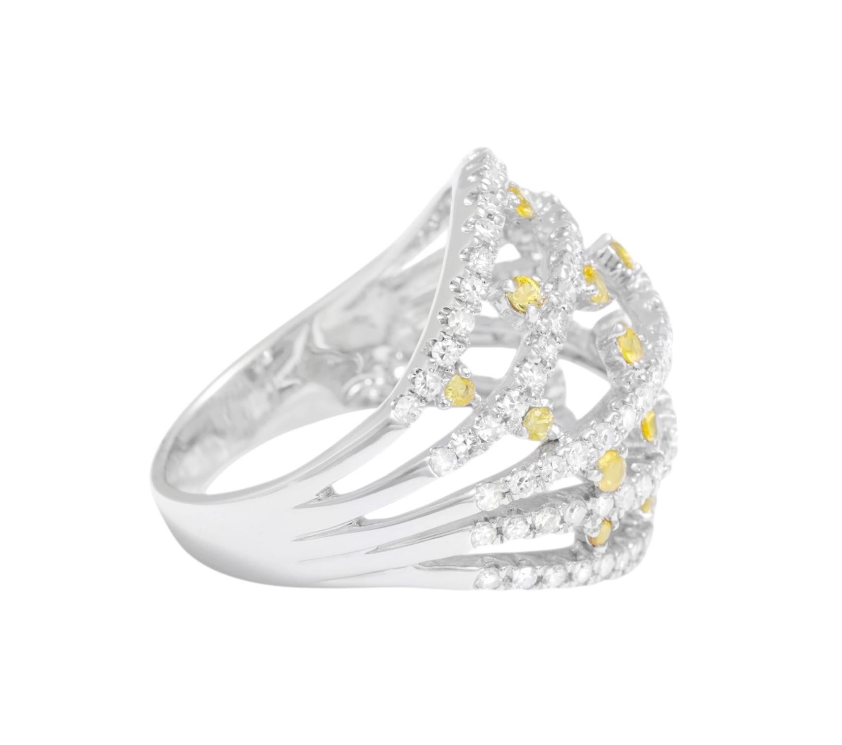 Modern 18 Kt White Gold Diamond & Yellow Sapphires Dome Ring For Sale