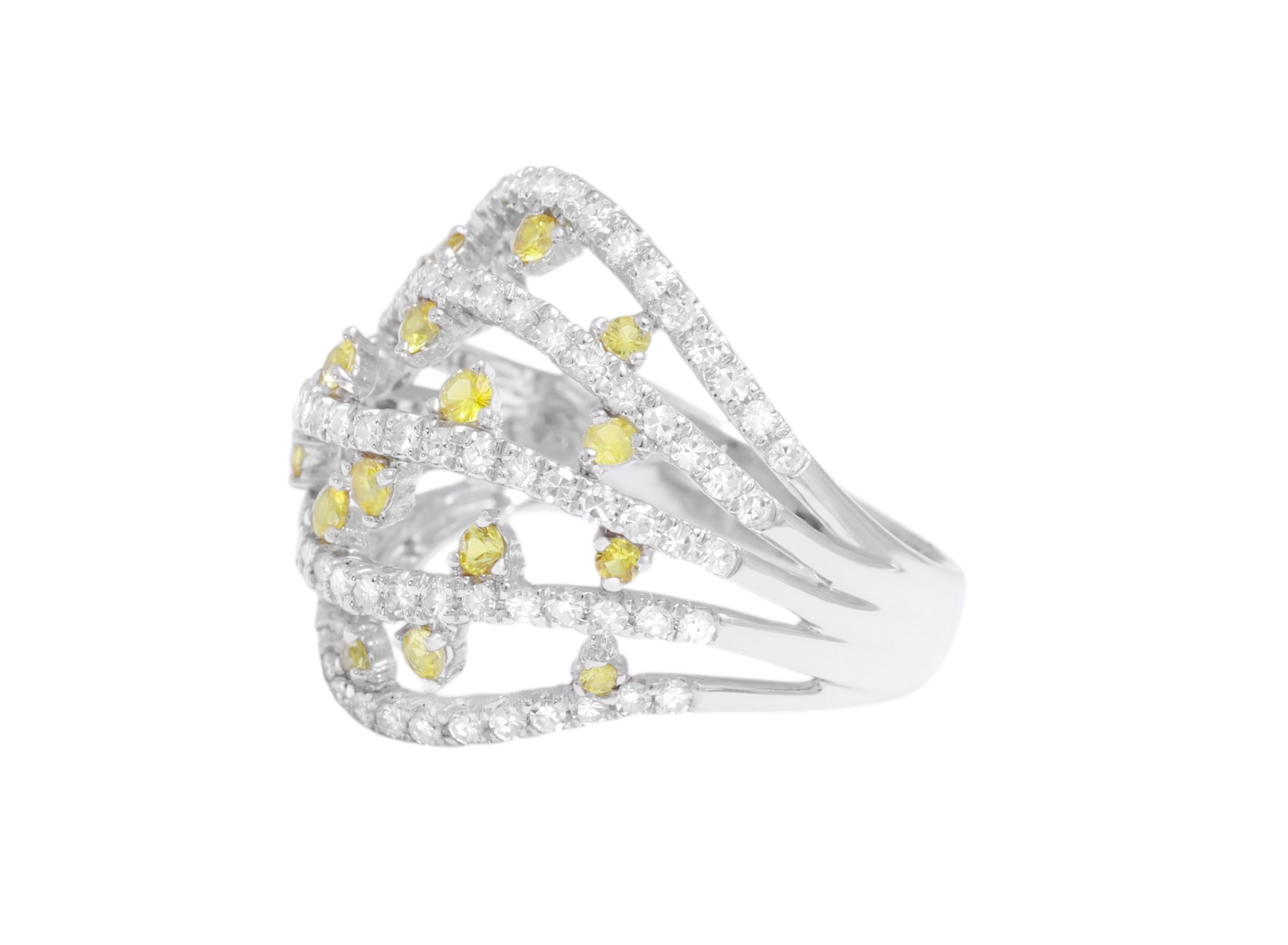Round Cut 18 Kt White Gold Diamond & Yellow Sapphires Dome Ring For Sale