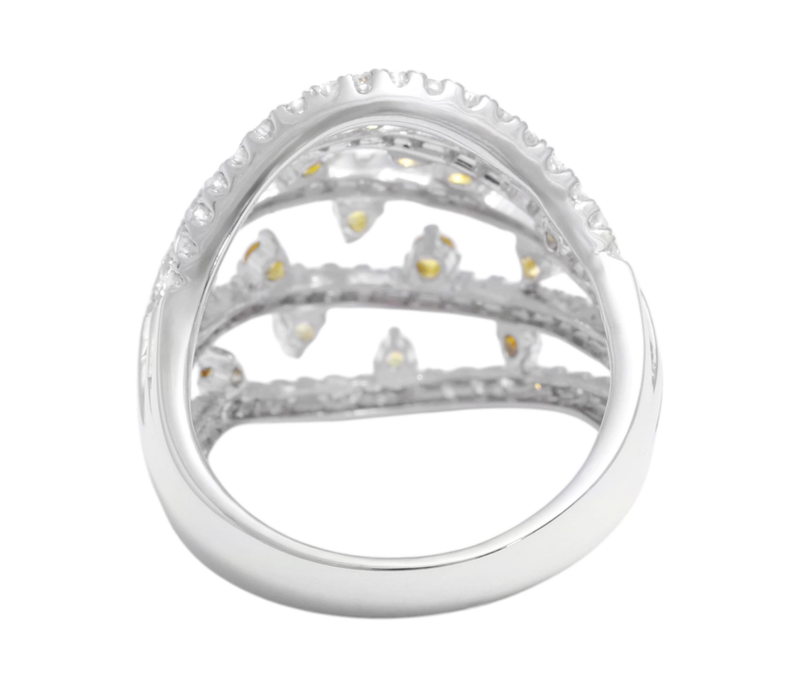 Women's or Men's 18 Kt White Gold Diamond & Yellow Sapphires Dome Ring For Sale