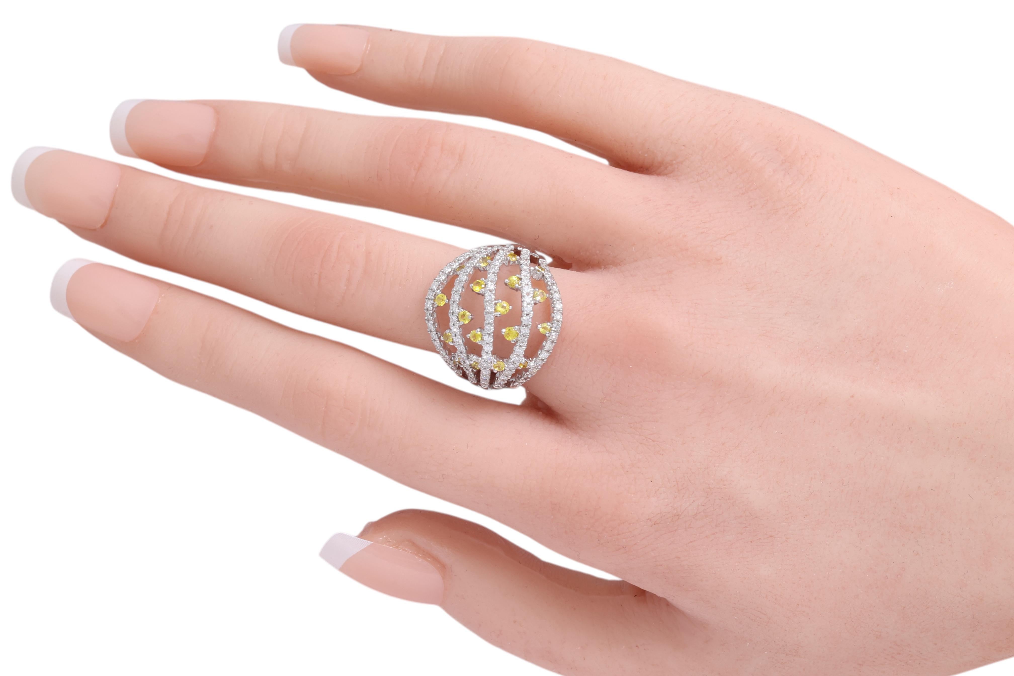 18 Kt White Gold Diamond & Yellow Sapphires Dome Ring For Sale 1