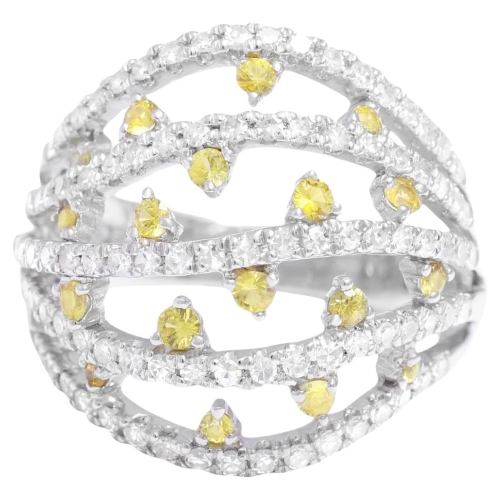 18 Kt White Gold Diamond & Yellow Sapphires Dome Ring