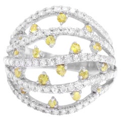 18 Kt White Gold Diamond & Yellow Sapphires Dome Ring