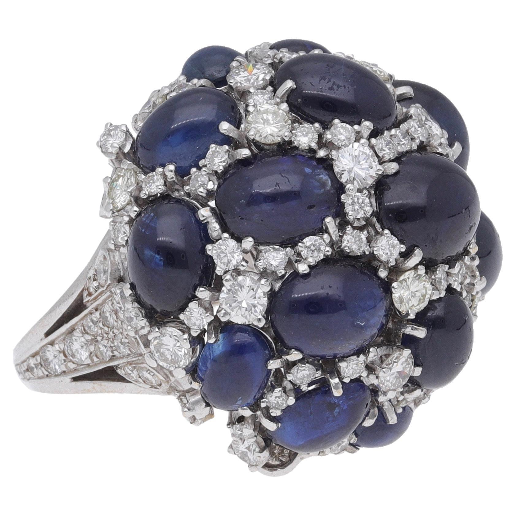 One of a Kind 18 Kt. White Gold Diamonds Blue Cabochon Sapphires Cocktail Ring For Sale