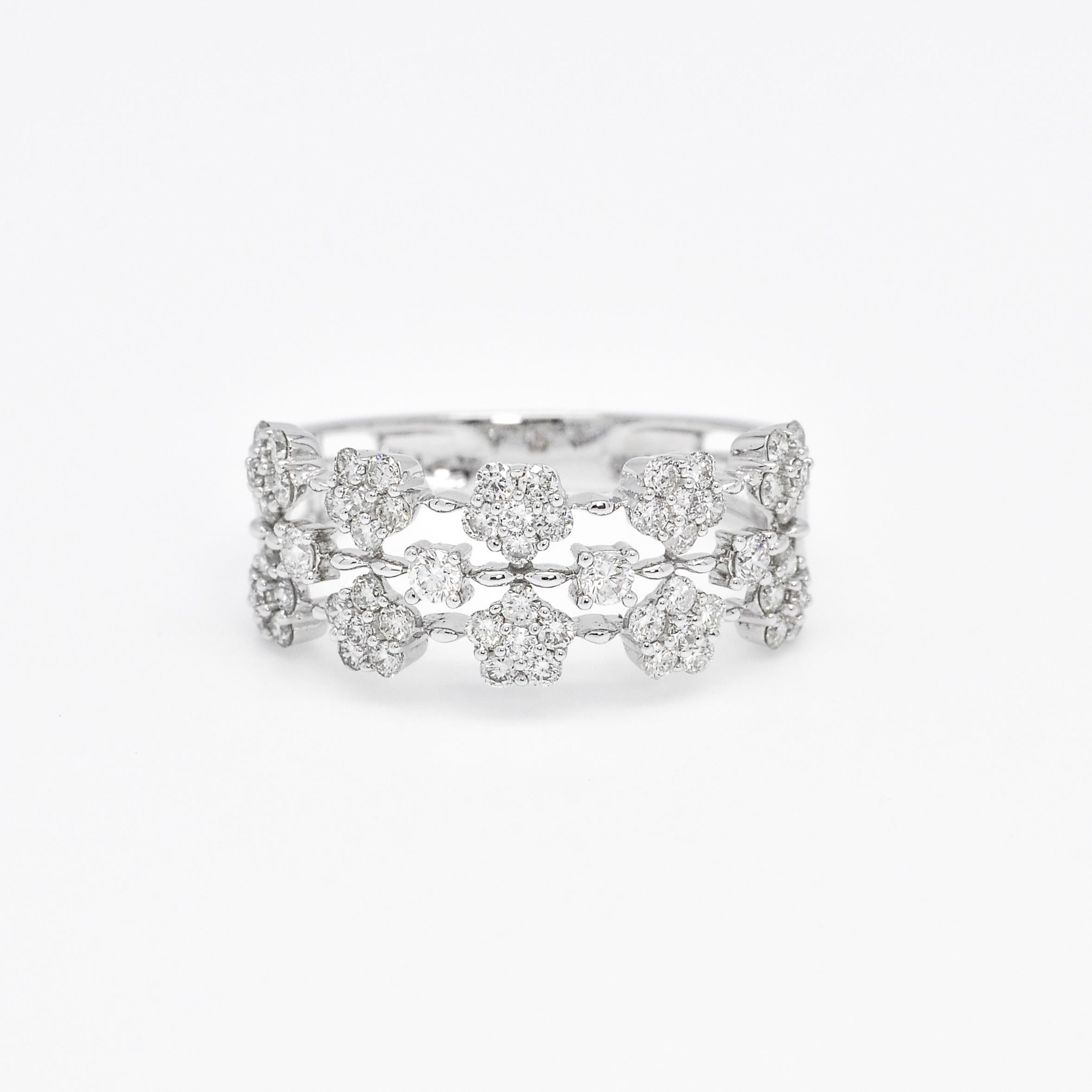 18 KT White Gold Diamonds Multi Flower Cluster Engagement Ring For Sale 2