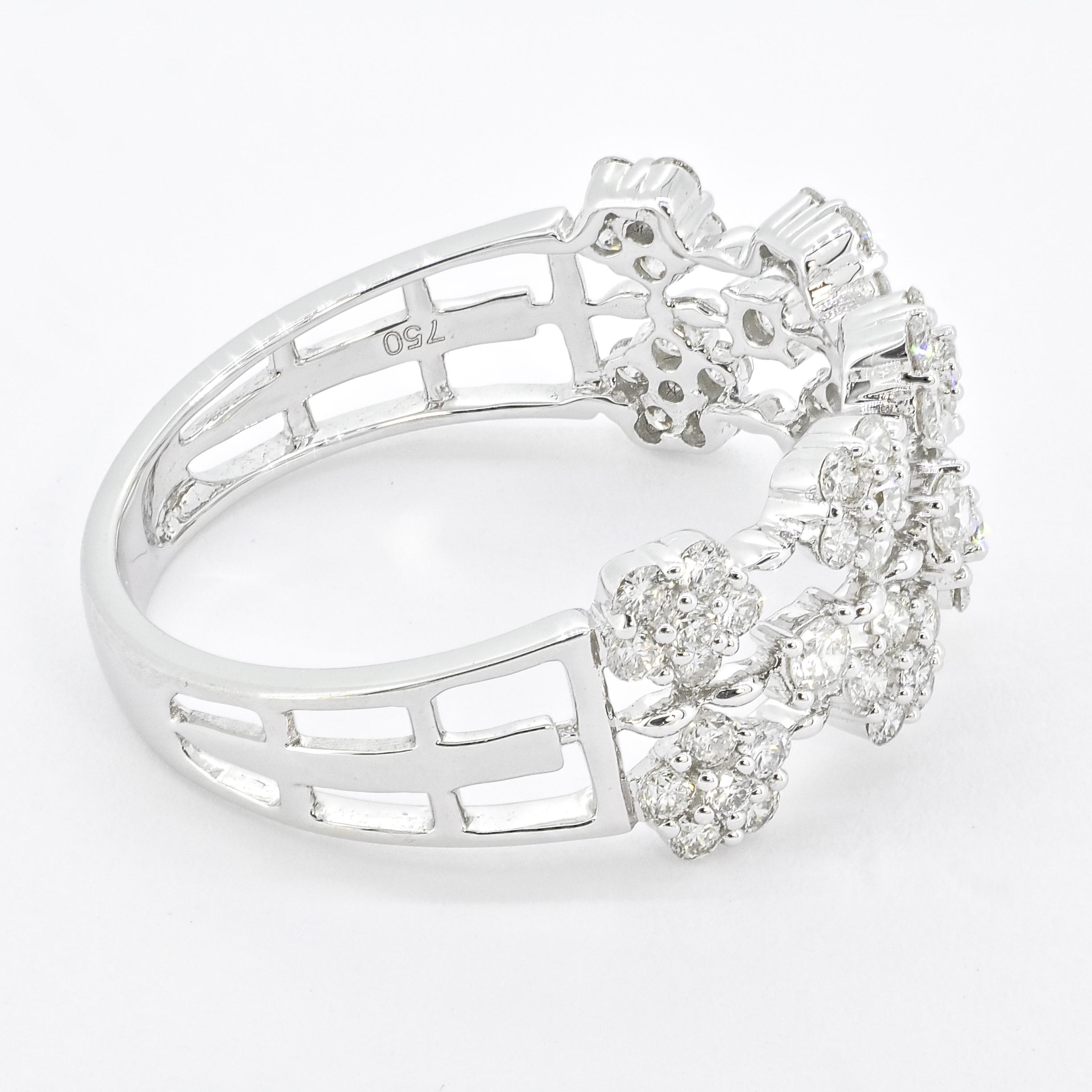 18 KT White Gold Diamonds Multi Flower Cluster Engagement Ring For Sale 3