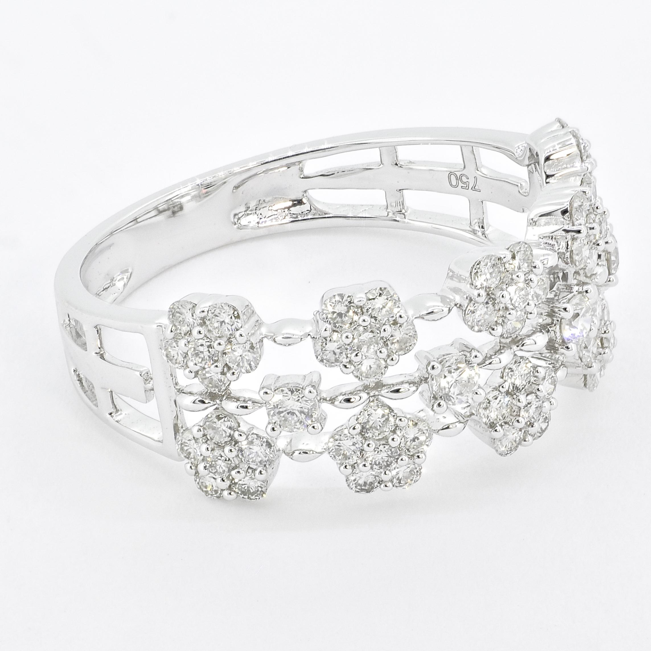 18 KT White Gold Diamonds Multi Flower Cluster Engagement Ring For Sale 4