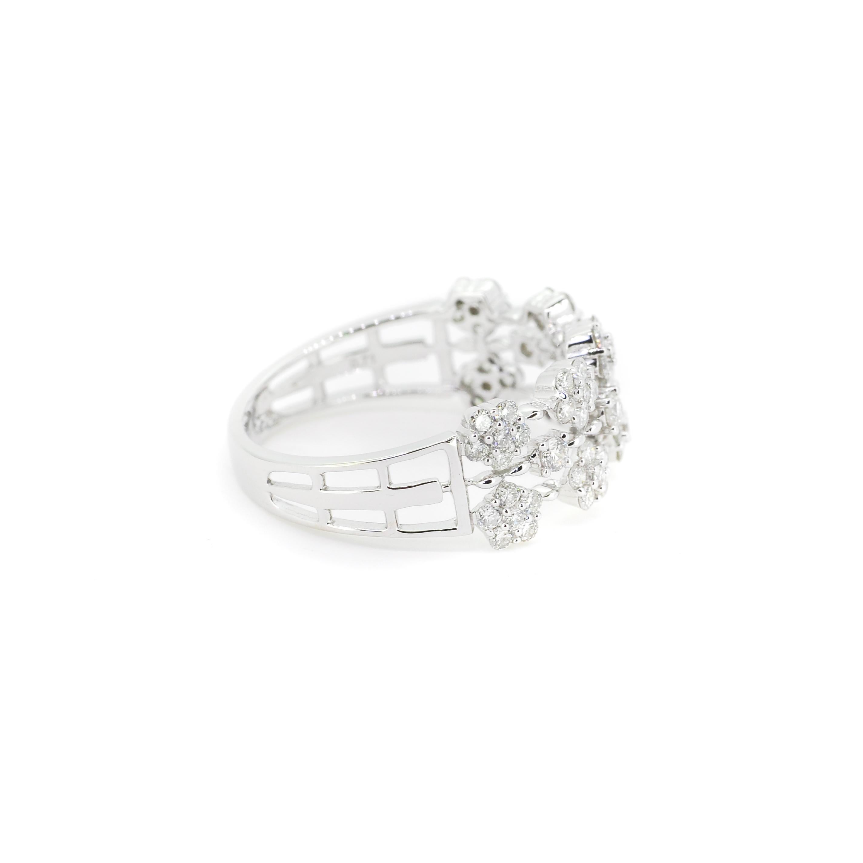 Artisan 18 KT White Gold Diamonds Multi Flower Cluster Engagement Ring For Sale
