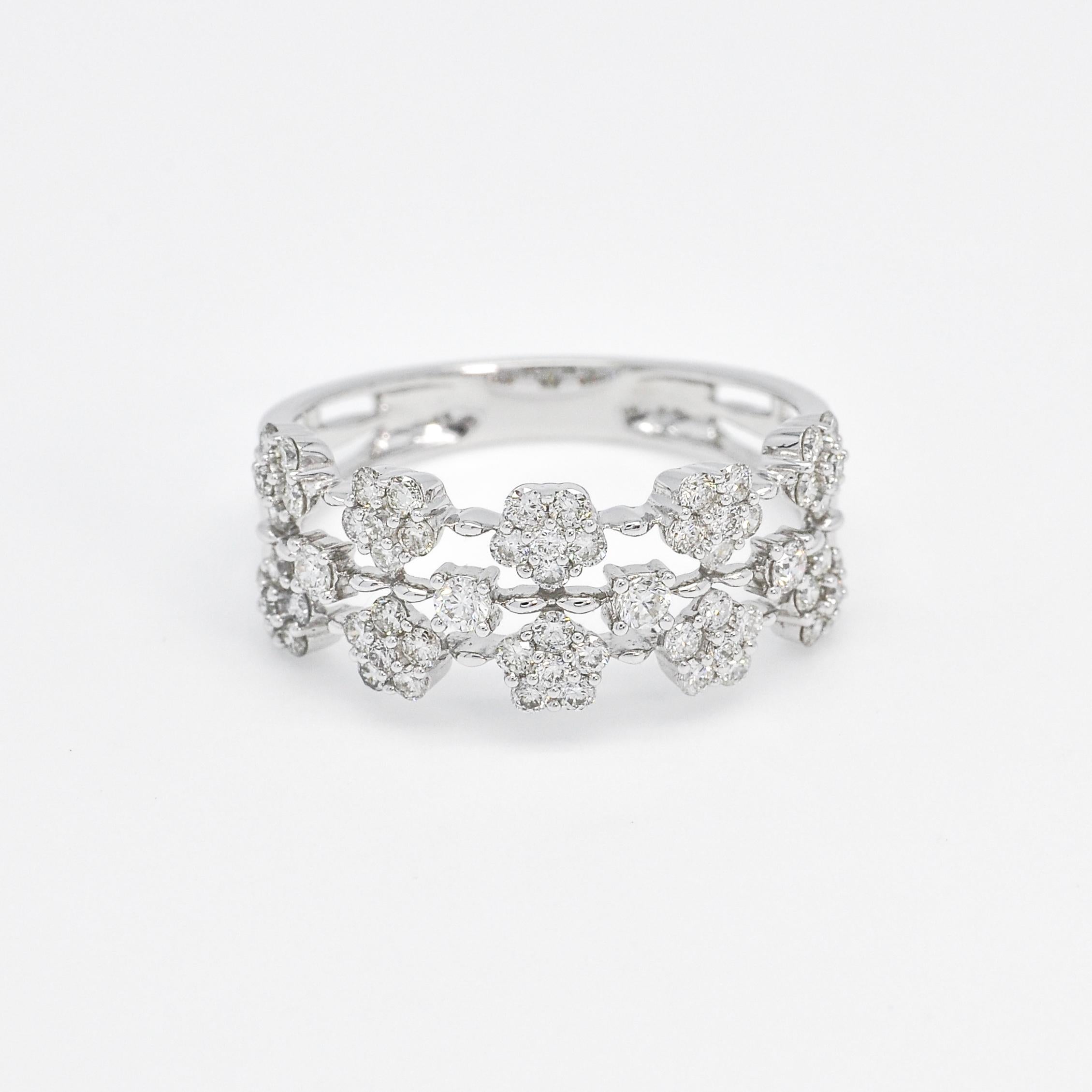 Women's or Men's 18 KT White Gold Diamonds Multi Flower Cluster Engagement Ring For Sale