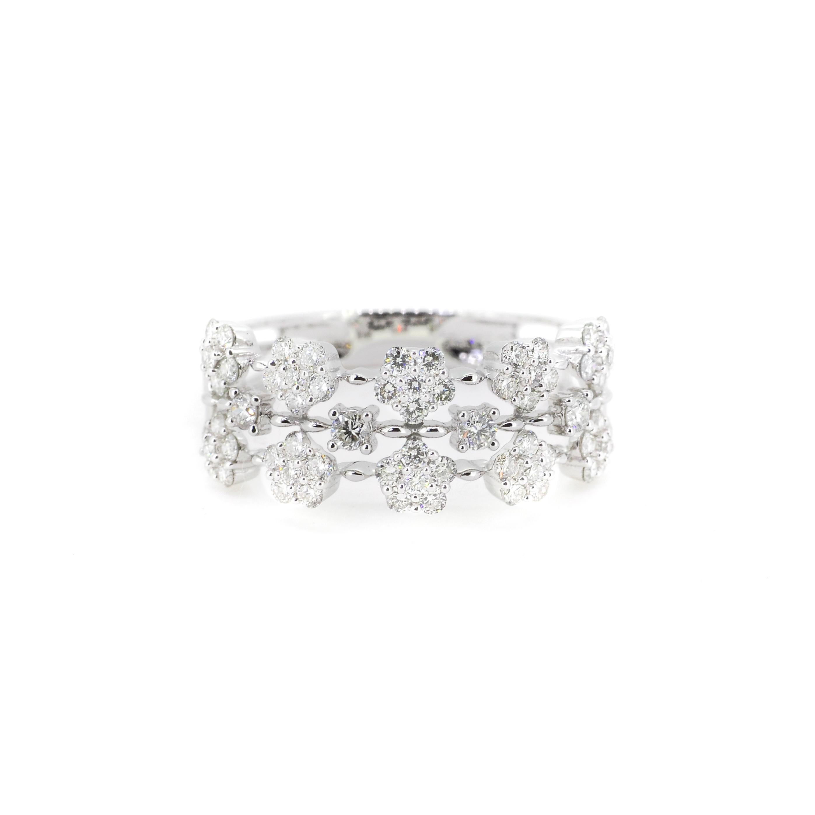 18 KT White Gold Diamonds Multi Flower Cluster Engagement Ring For Sale 1