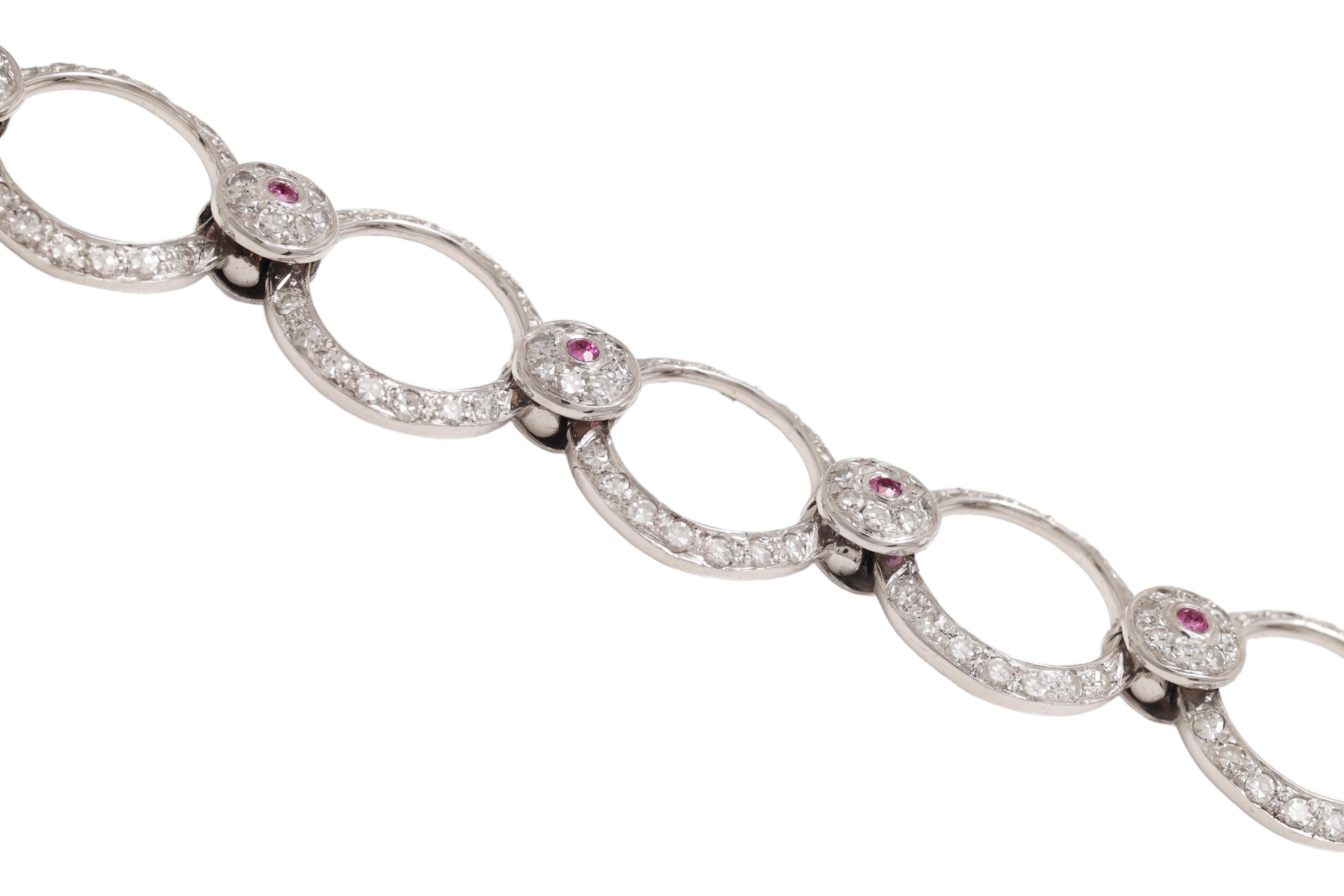 Round Cut 18 Kt White Gold Diamonds & Pink Sapphires Bracelet For Sale