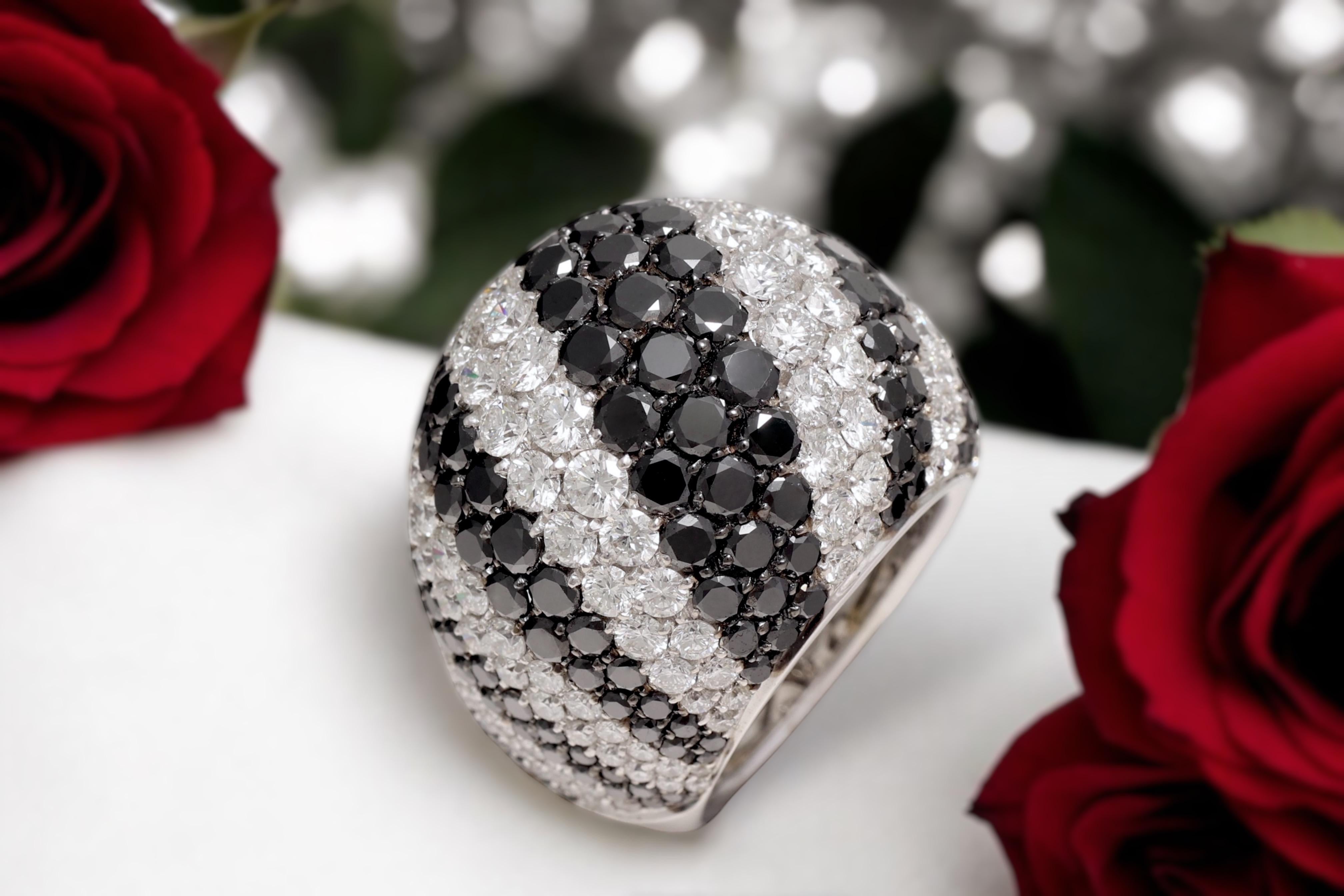 18 Kt White Gold Dome Full Pavé Diamond Ring, Black & White Diamonds For Sale 8